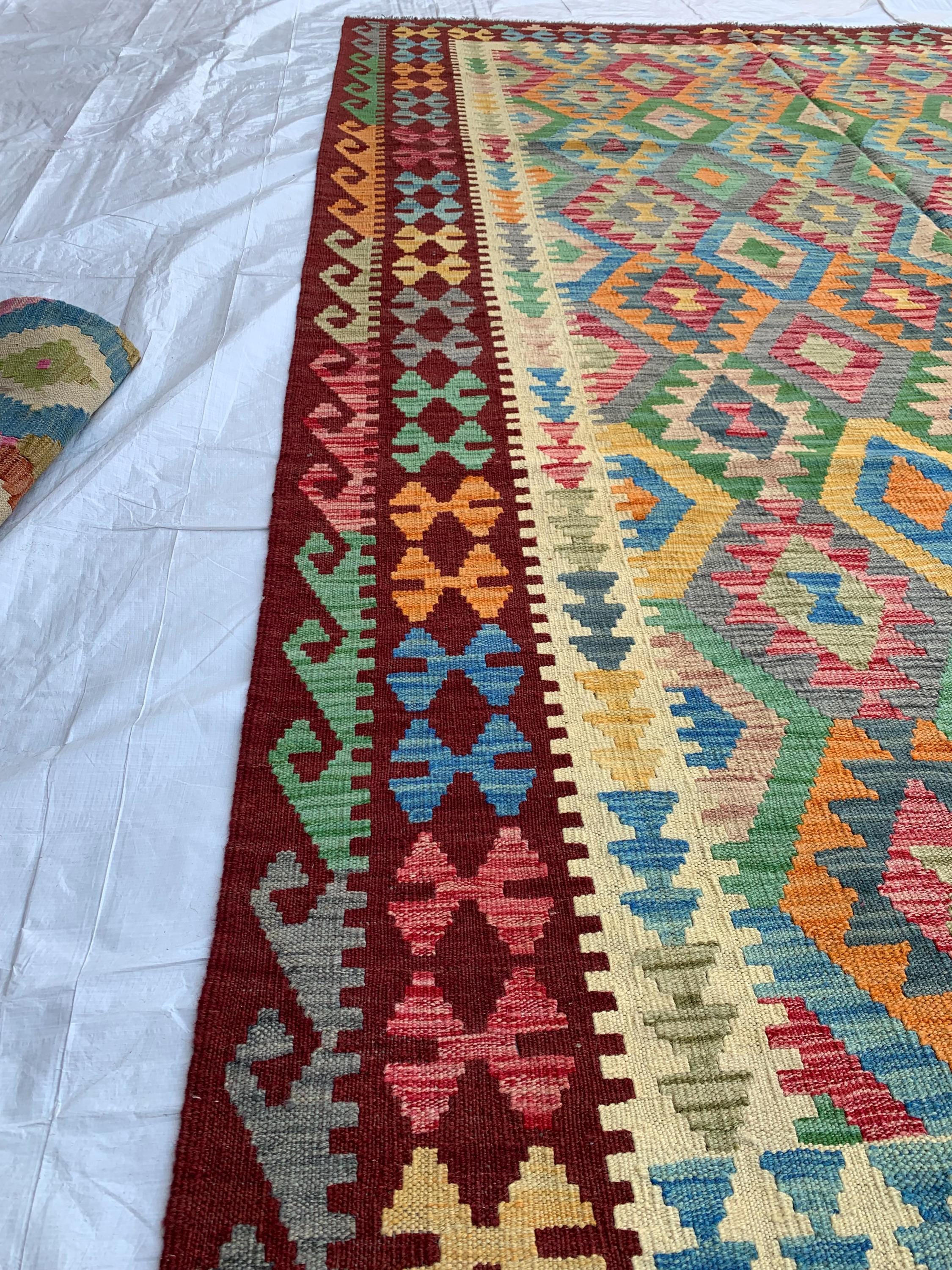 10x7 Handwoven Afghan Rich Red and Multicolor Kilim Rug - Geometric Wool Flatweave Carpet, Perfect for Living Room or Bedroom Decor 9.6x6.5