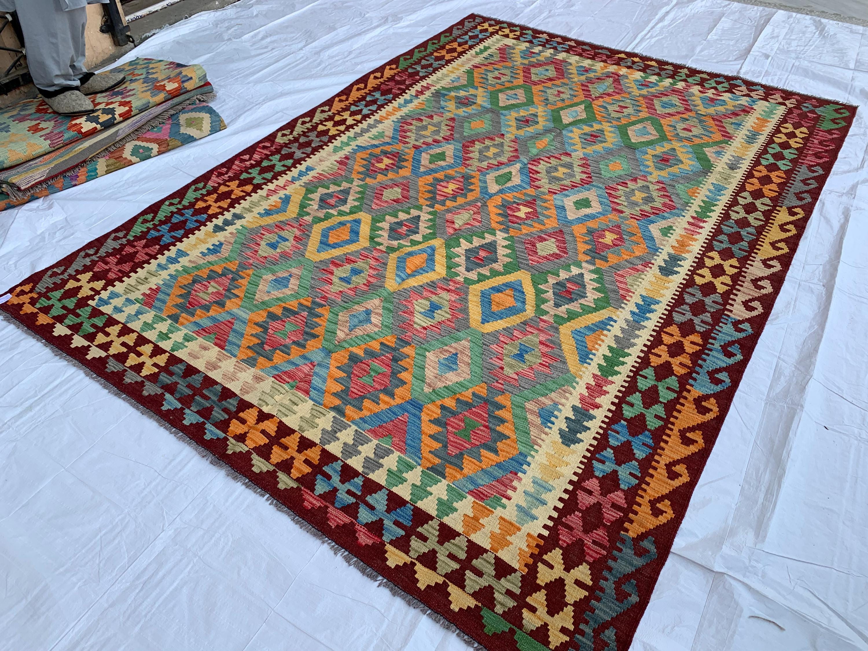 10x7 Handwoven Afghan Rich Red and Multicolor Kilim Rug - Geometric Wool Flatweave Carpet, Perfect for Living Room or Bedroom Decor 9.6x6.5