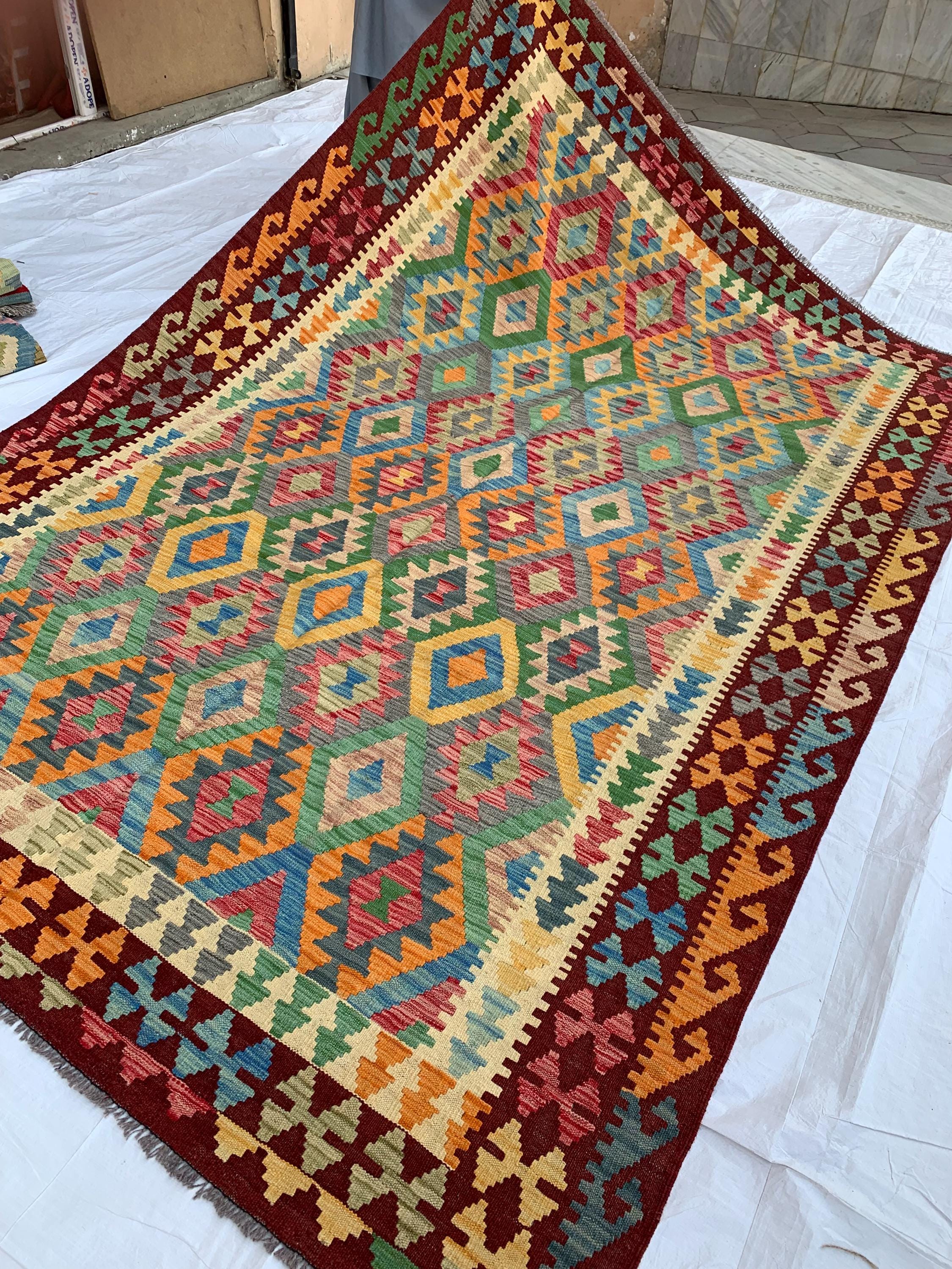 10x7 Handwoven Afghan Rich Red and Multicolor Kilim Rug - Geometric Wool Flatweave Carpet, Perfect for Living Room or Bedroom Decor 9.6x6.5