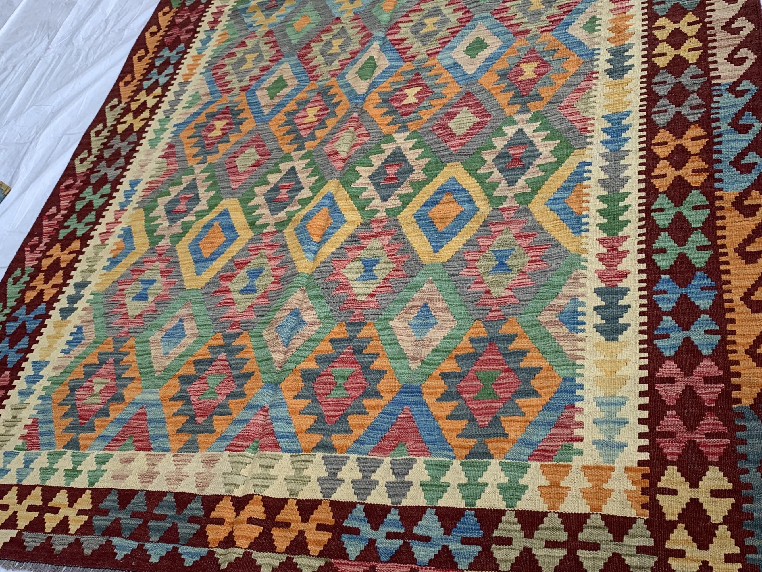 10x7 Handwoven Afghan Rich Red and Multicolor Kilim Rug - Geometric Wool Flatweave Carpet, Perfect for Living Room or Bedroom Decor 9.6x6.5