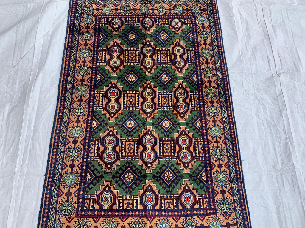 5x3 Geometric Maranus Rug – Hand-Knotted Afghan Tribal Carpet 5.4x3.4 ft | Vintage Wool Area Rug | Bold Green and Peach Bohemian Home Décor