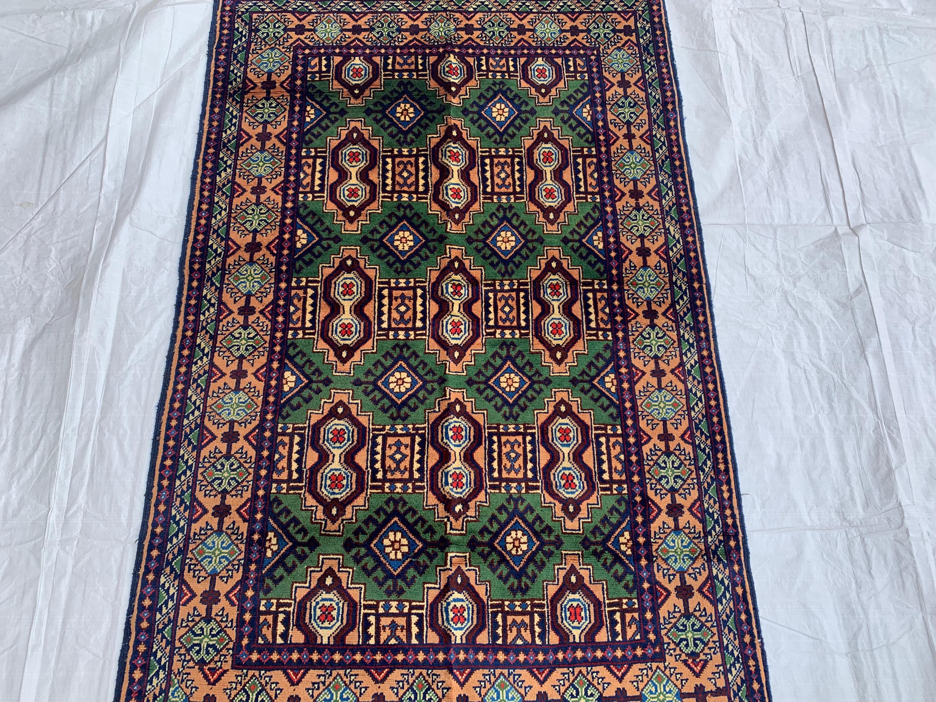 5x3 Geometric Maranus Rug – Hand-Knotted Afghan Tribal Carpet 5.4x3.4 ft | Vintage Wool Area Rug | Bold Green and Peach Bohemian Home Décor