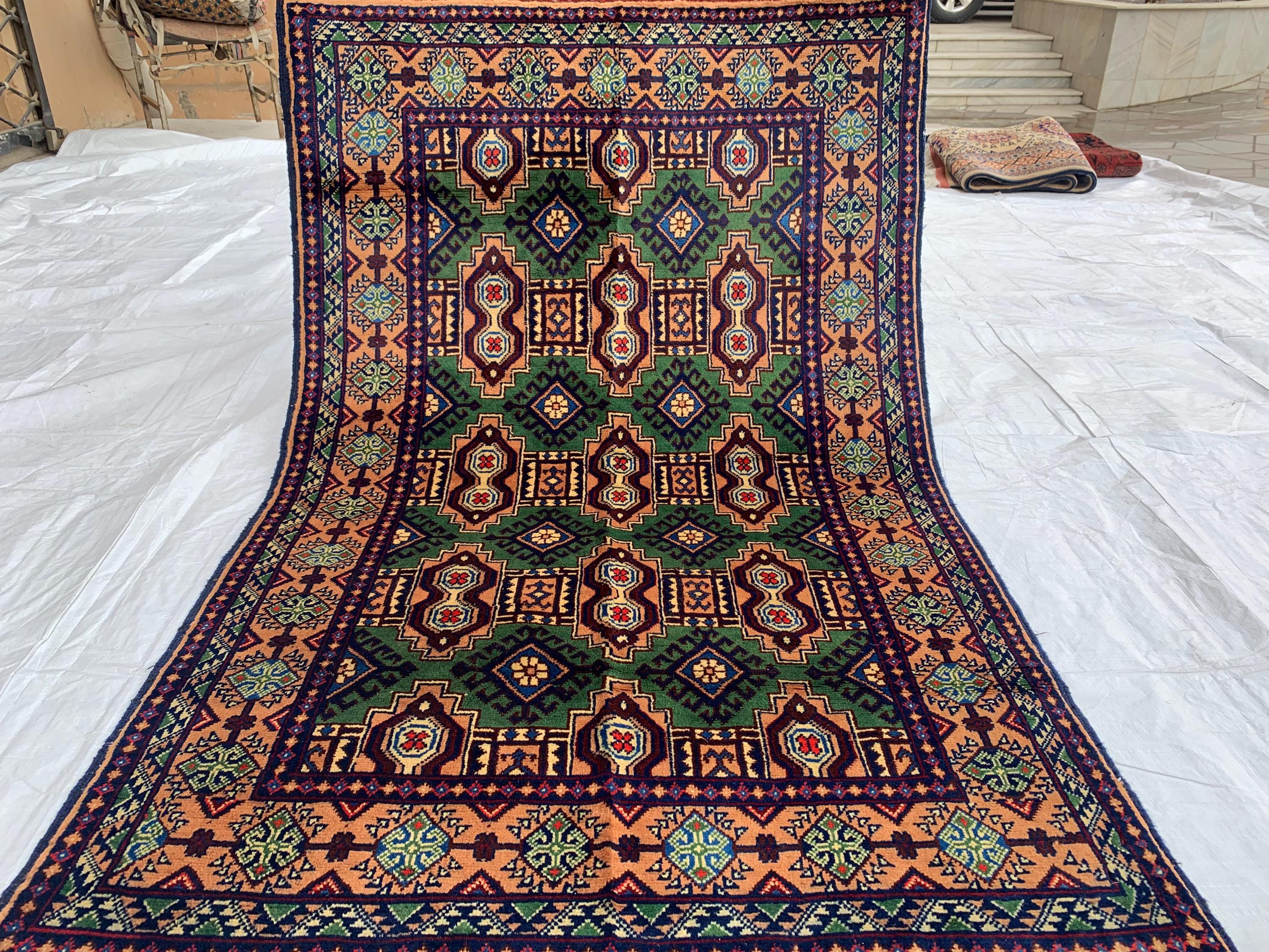 5x3 Geometric Maranus Rug – Hand-Knotted Afghan Tribal Carpet 5.4x3.4 ft | Vintage Wool Area Rug | Bold Green and Peach Bohemian Home Décor