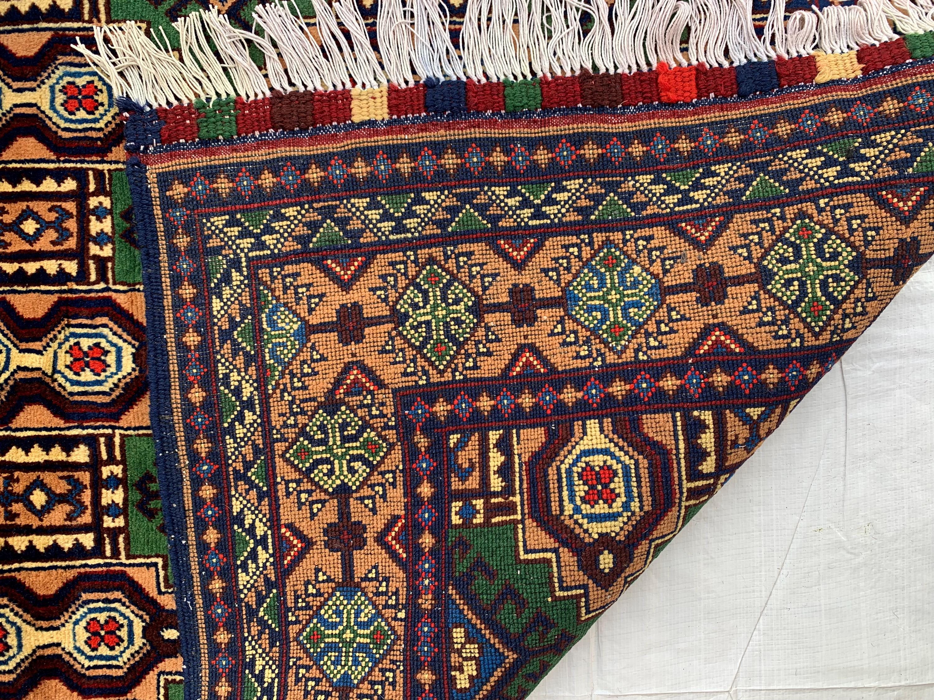 5x3 Geometric Maranus Rug – Hand-Knotted Afghan Tribal Carpet 5.4x3.4 ft | Vintage Wool Area Rug | Bold Green and Peach Bohemian Home Décor
