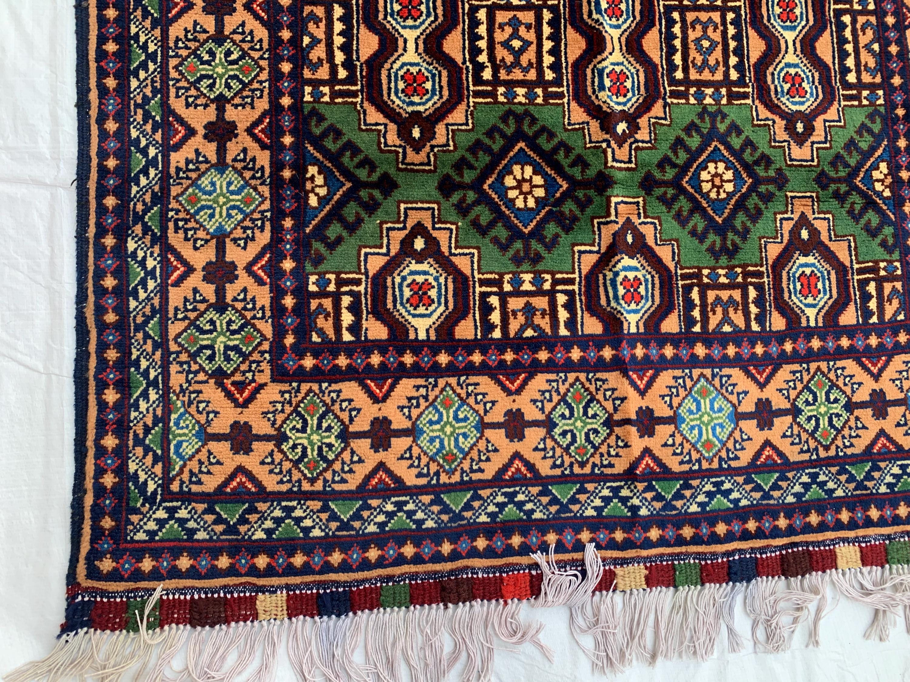 5x3 Geometric Maranus Rug – Hand-Knotted Afghan Tribal Carpet 5.4x3.4 ft | Vintage Wool Area Rug | Bold Green and Peach Bohemian Home Décor