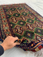 5x3 Geometric Maranus Rug – Hand-Knotted Afghan Tribal Carpet 5.4x3.4 ft | Vintage Wool Area Rug | Bold Green and Peach Bohemian Home Décor