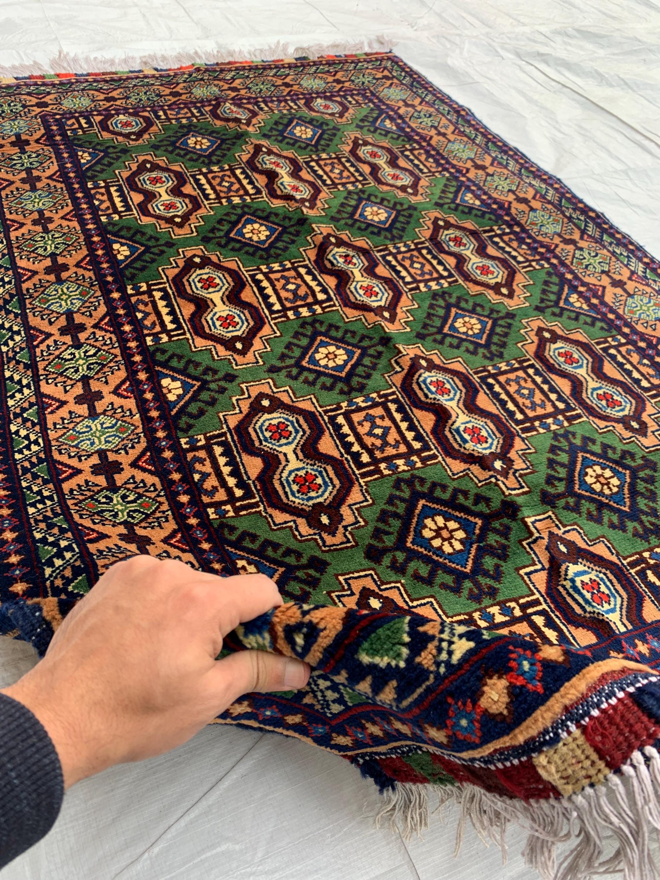 5x3 Geometric Maranus Rug – Hand-Knotted Afghan Tribal Carpet 5.4x3.4 ft | Vintage Wool Area Rug | Bold Green and Peach Bohemian Home Décor