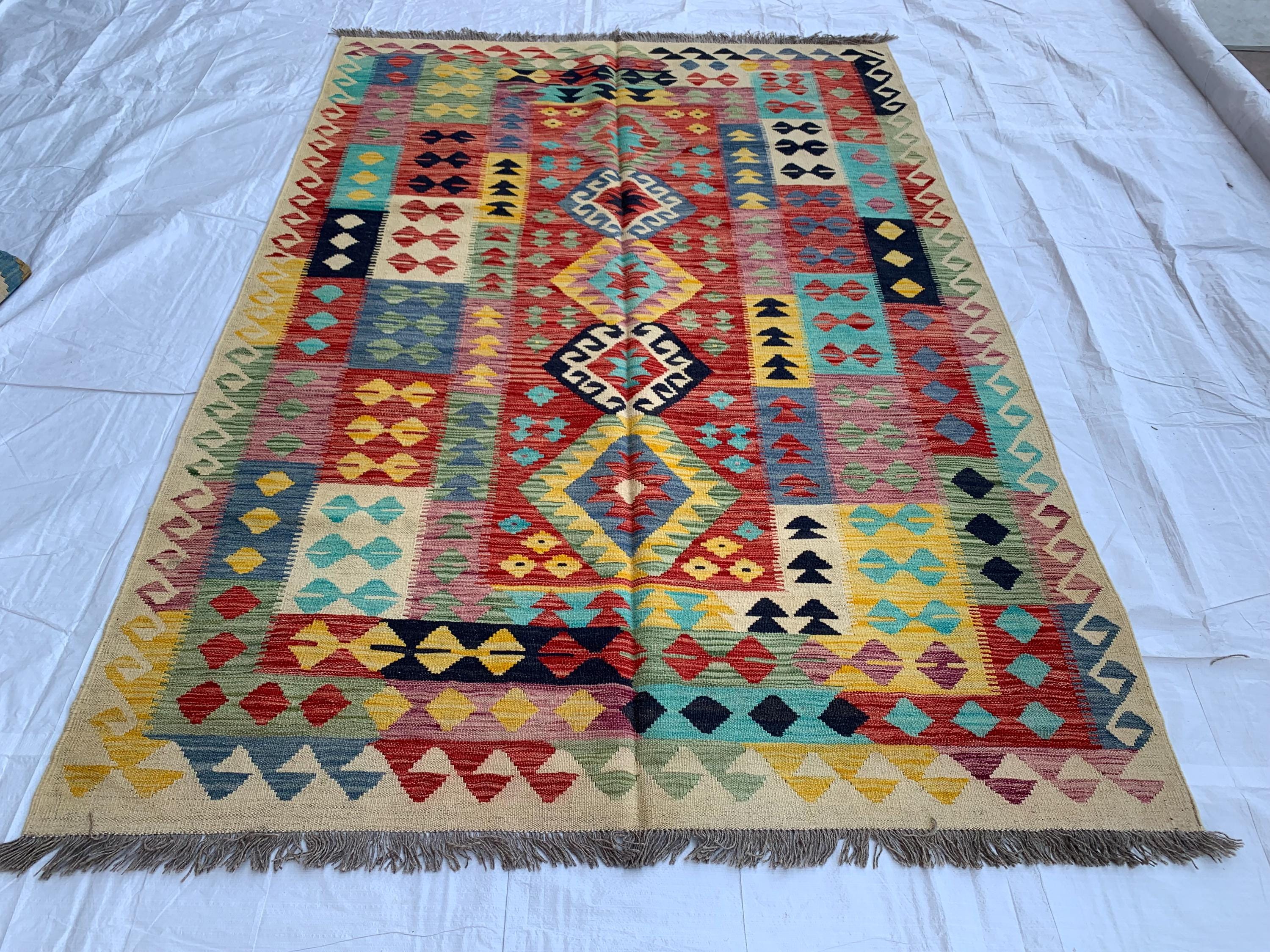 8x6 Handwoven Afghan Vibrant Colors Chobi Kilim Rug - Geometric Wool Flatweave Carpet, Perfect for Living Room or Bedroom Decor 7.11x5.8 ft