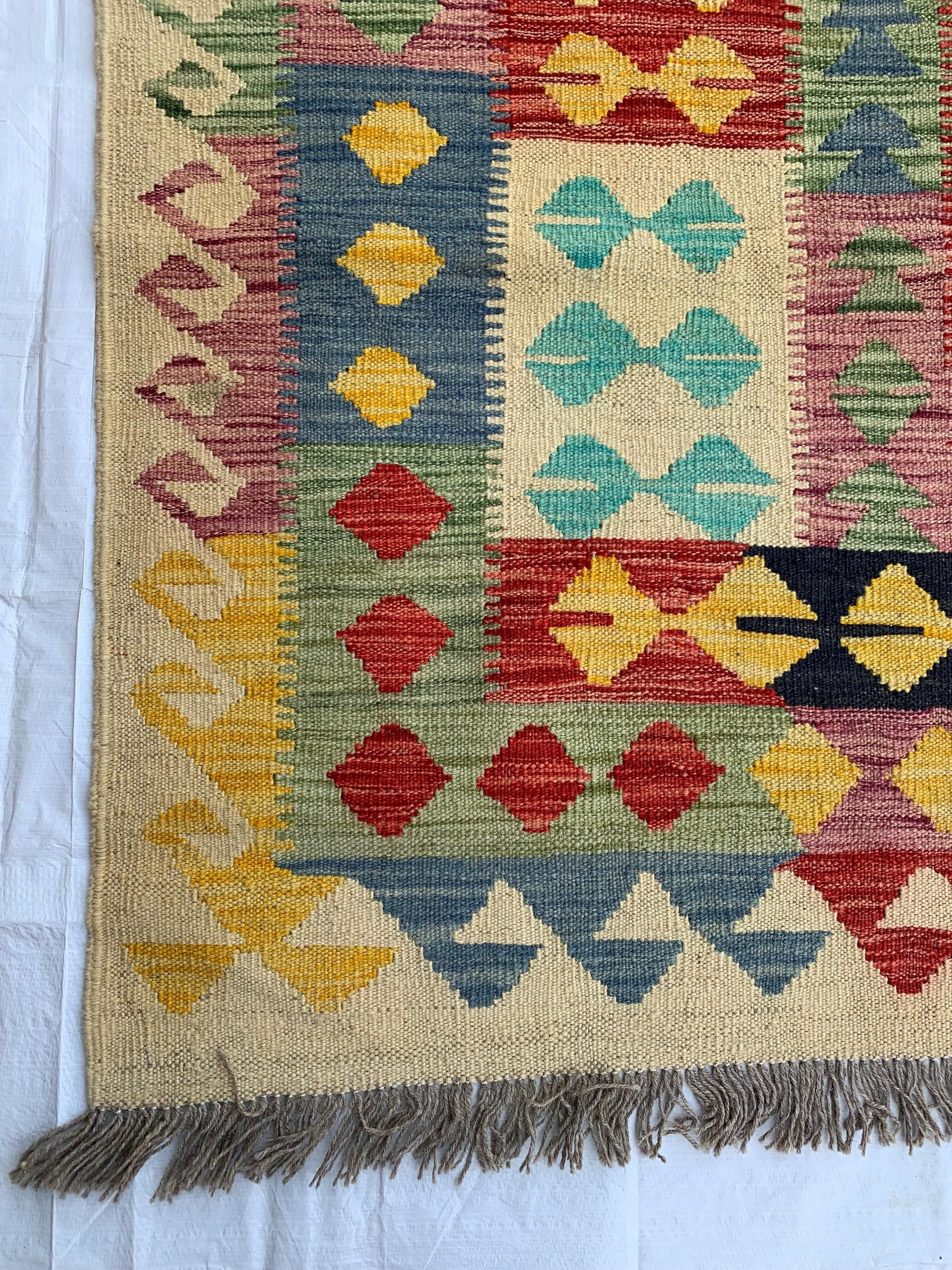 8x6 Handwoven Afghan Vibrant Colors Chobi Kilim Rug - Geometric Wool Flatweave Carpet, Perfect for Living Room or Bedroom Decor 7.11x5.8 ft