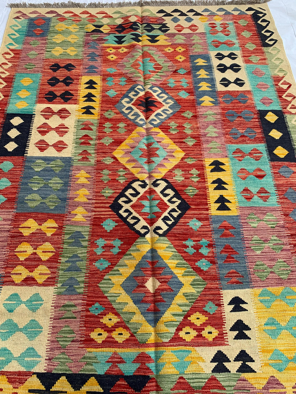 8x6 Handwoven Afghan Vibrant Colors Chobi Kilim Rug - Geometric Wool Flatweave Carpet, Perfect for Living Room or Bedroom Decor 7.11x5.8 ft