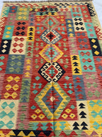 8x6 Handwoven Afghan Vibrant Colors Chobi Kilim Rug - Geometric Wool Flatweave Carpet, Perfect for Living Room or Bedroom Decor 7.11x5.8 ft