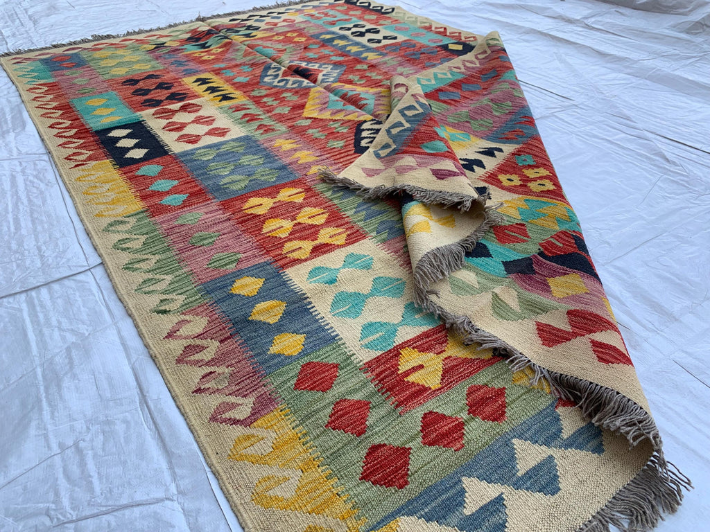 8x6 Handwoven Afghan Vibrant Colors Chobi Kilim Rug - Geometric Wool Flatweave Carpet, Perfect for Living Room or Bedroom Decor 7.11x5.8 ft