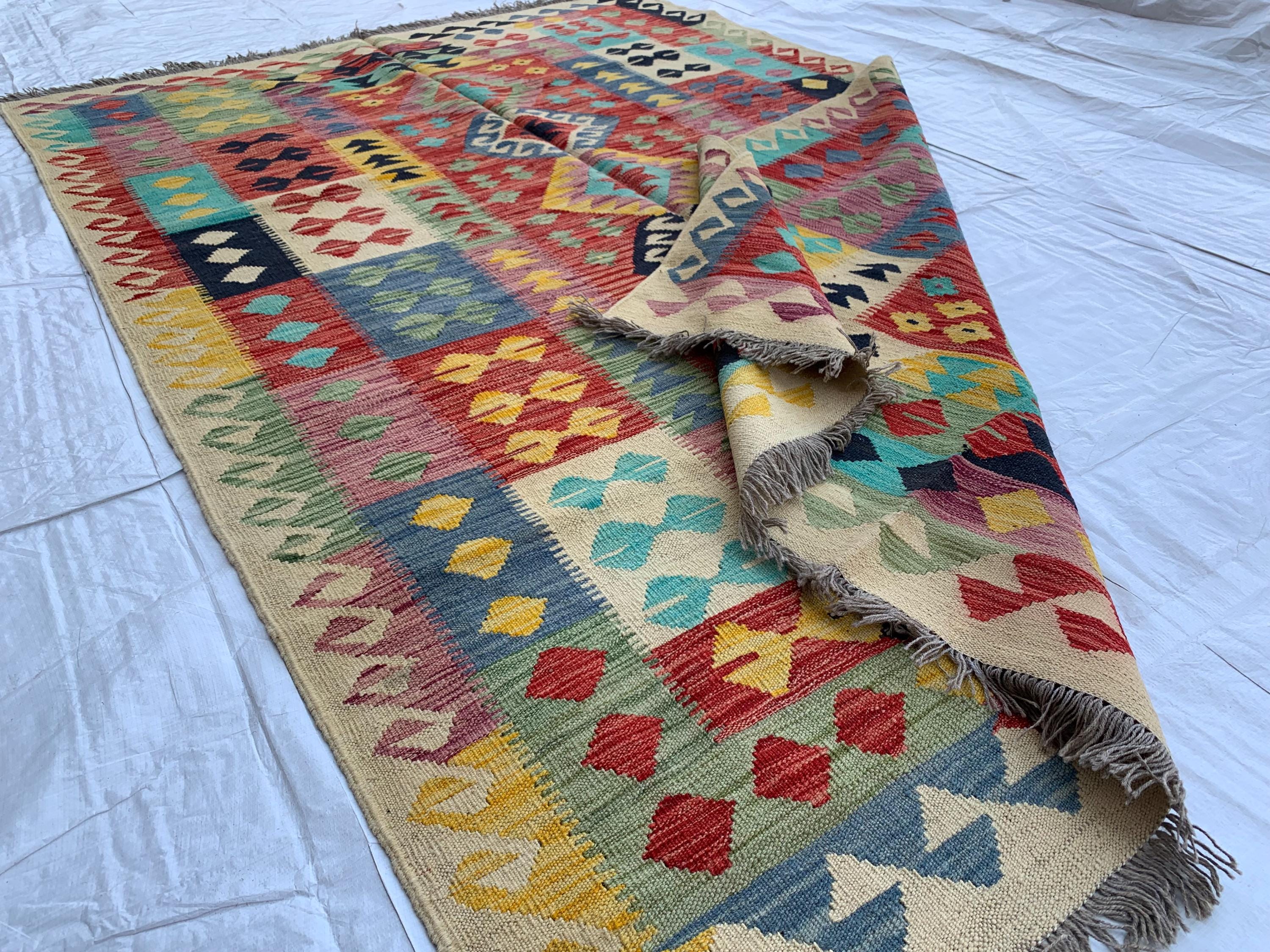 8x6 Handwoven Afghan Vibrant Colors Chobi Kilim Rug - Geometric Wool Flatweave Carpet, Perfect for Living Room or Bedroom Decor 7.11x5.8 ft