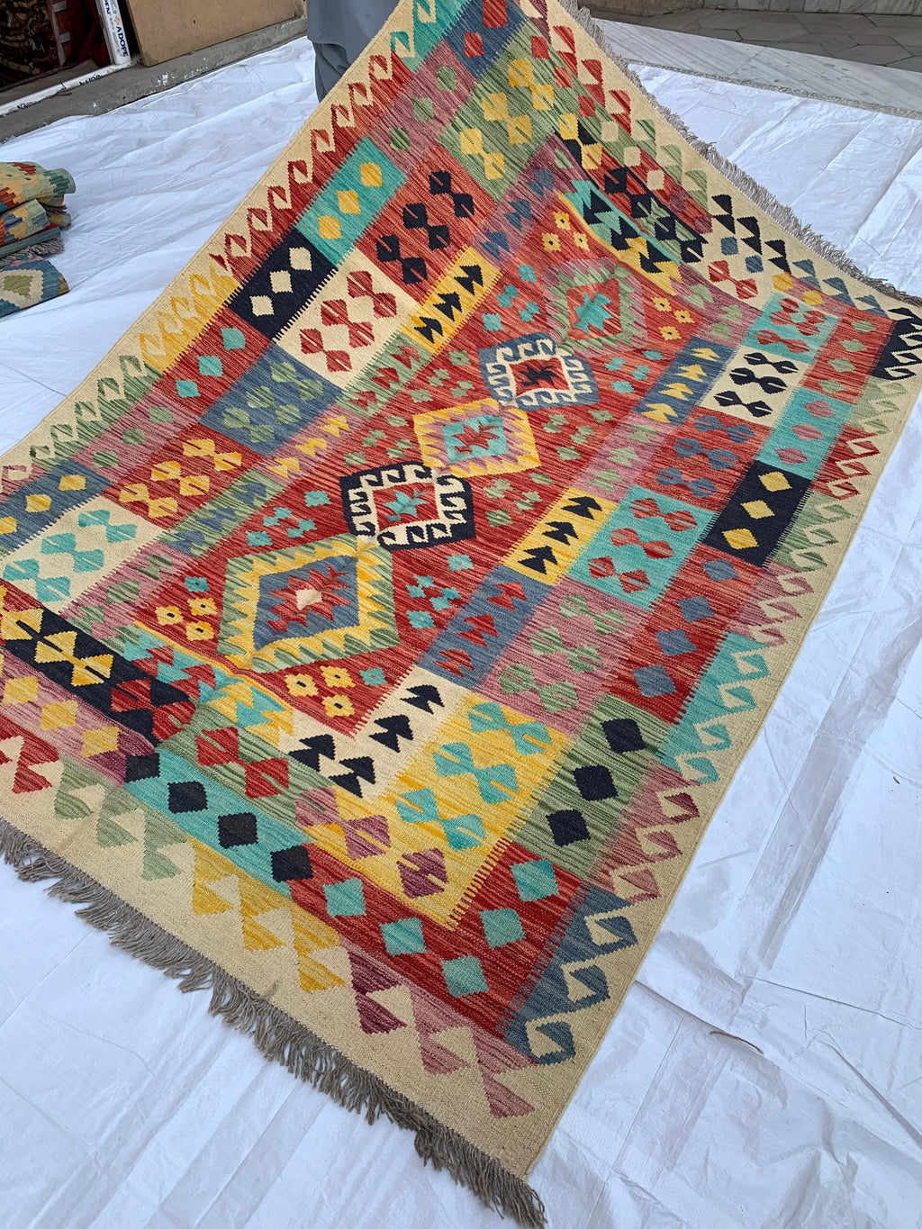8x6 Handwoven Afghan Vibrant Colors Chobi Kilim Rug - Geometric Wool Flatweave Carpet, Perfect for Living Room or Bedroom Decor 7.11x5.8 ft