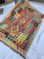 8x6 Handwoven Afghan Vibrant Colors Chobi Kilim Rug - Geometric Wool Flatweave Carpet, Perfect for Living Room or Bedroom Decor 7.11x5.8 ft