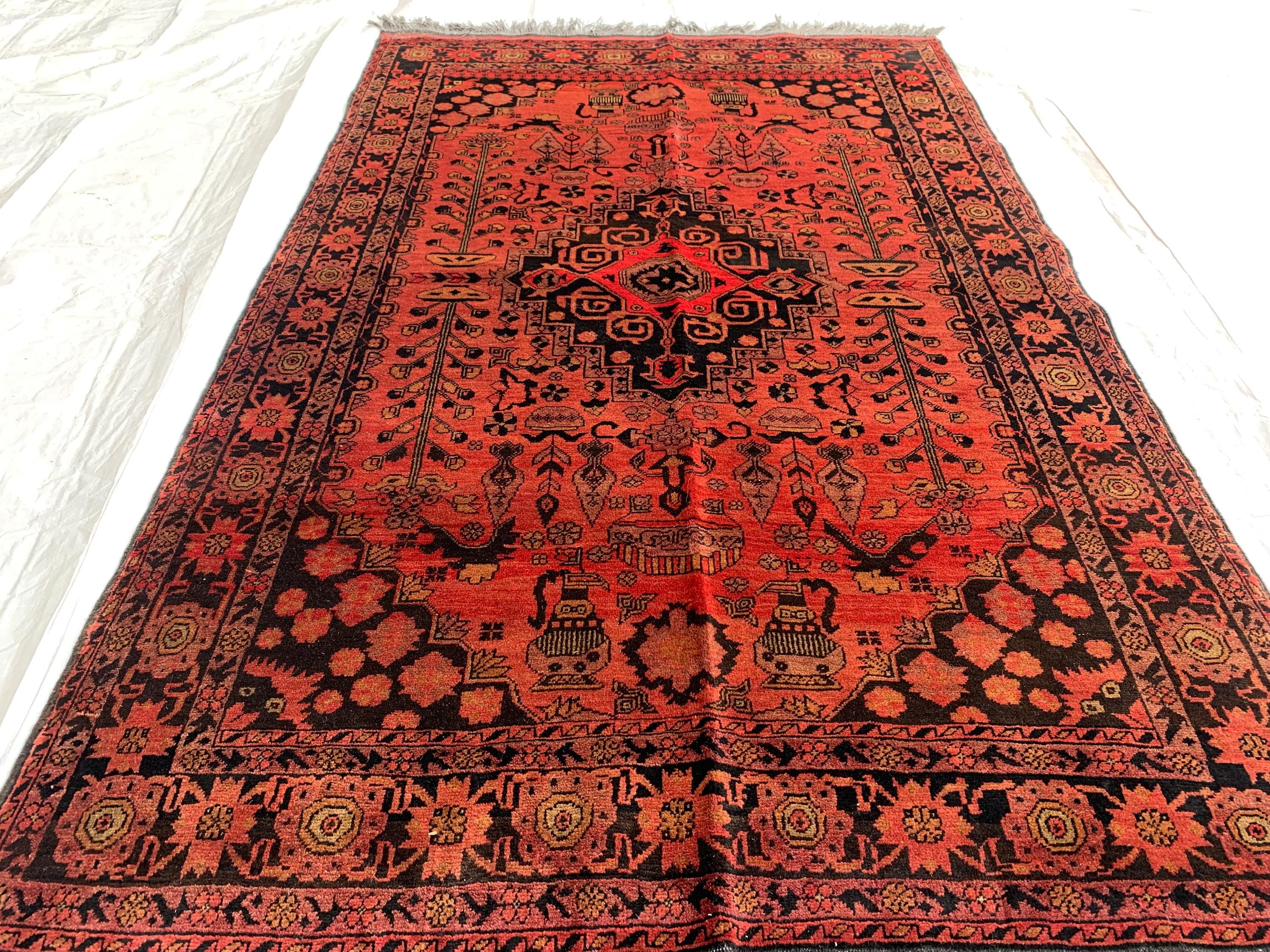 4x7 Vintage Bukhara Beljik Naksha Rug Hand-Knotted Afghan Carpet, Traditional Red Oriental Wool Rug | Classic Bohemian Home Décor 6.7x4.1 ft