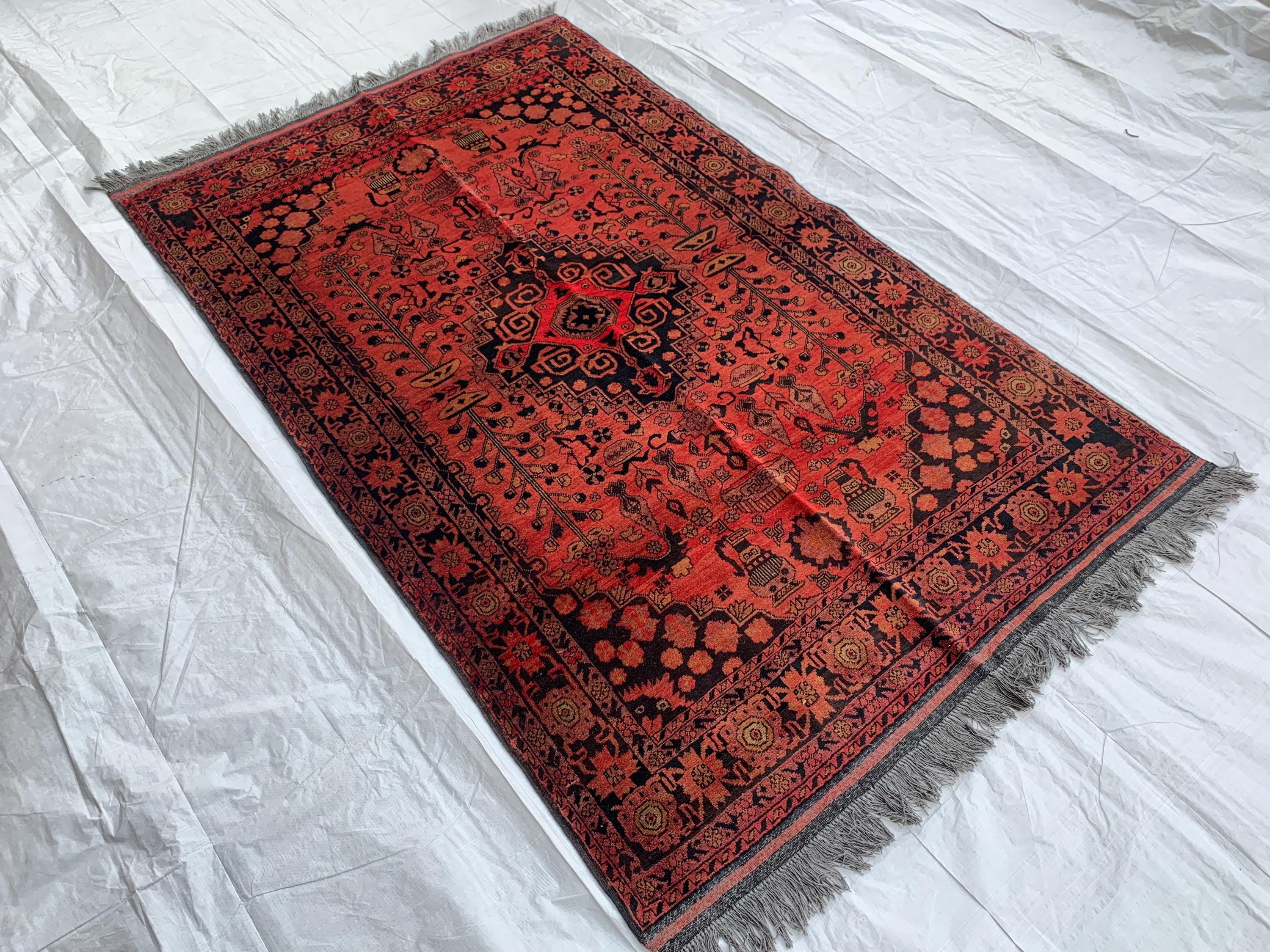 4x7 Vintage Bukhara Beljik Naksha Rug Hand-Knotted Afghan Carpet, Traditional Red Oriental Wool Rug | Classic Bohemian Home Décor 6.7x4.1 ft