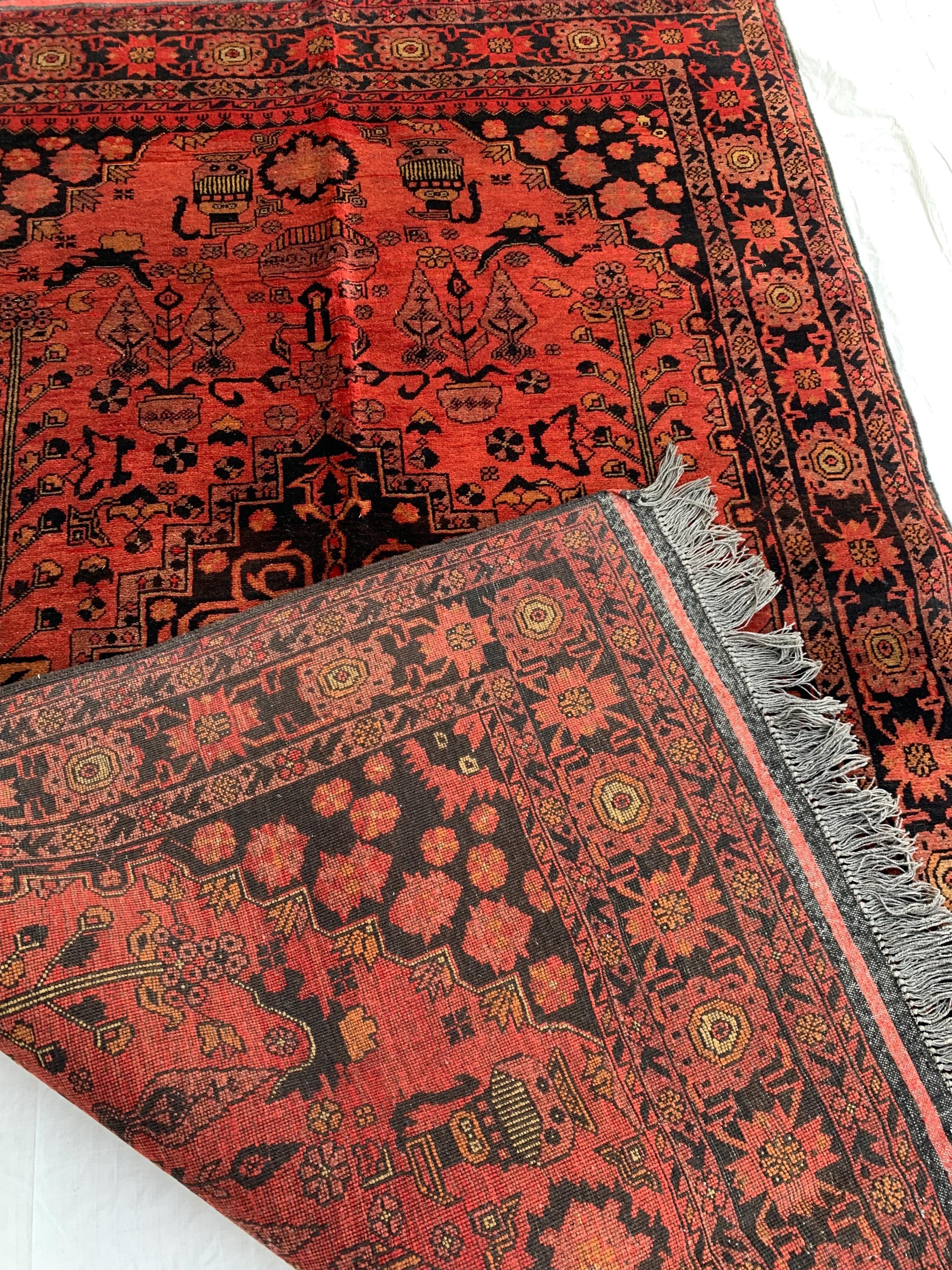 4x7 Vintage Bukhara Beljik Naksha Rug Hand-Knotted Afghan Carpet, Traditional Red Oriental Wool Rug | Classic Bohemian Home Décor 6.7x4.1 ft