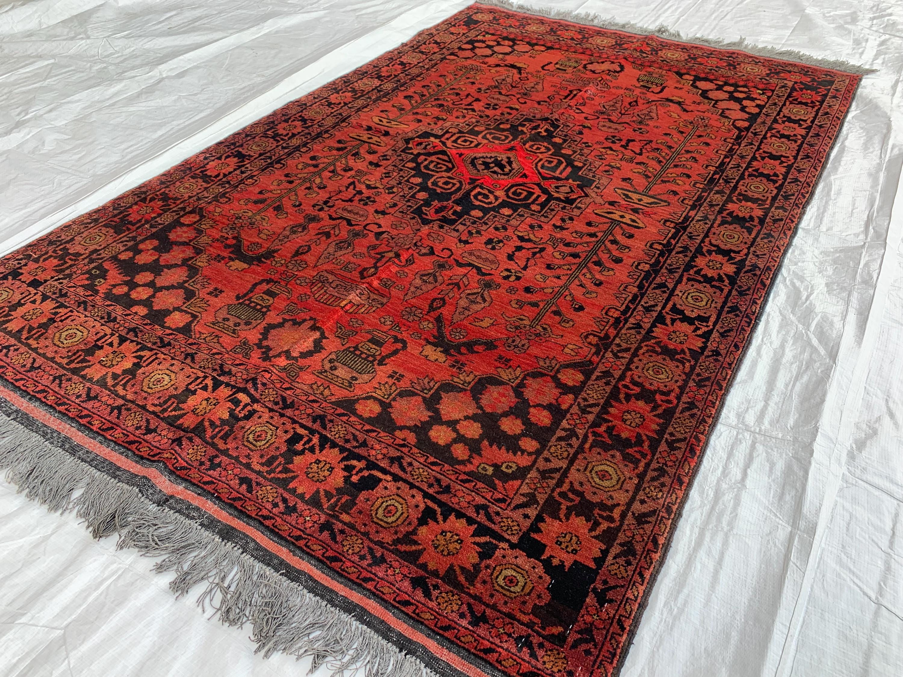 4x7 Vintage Bukhara Beljik Naksha Rug Hand-Knotted Afghan Carpet, Traditional Red Oriental Wool Rug | Classic Bohemian Home Décor 6.7x4.1 ft