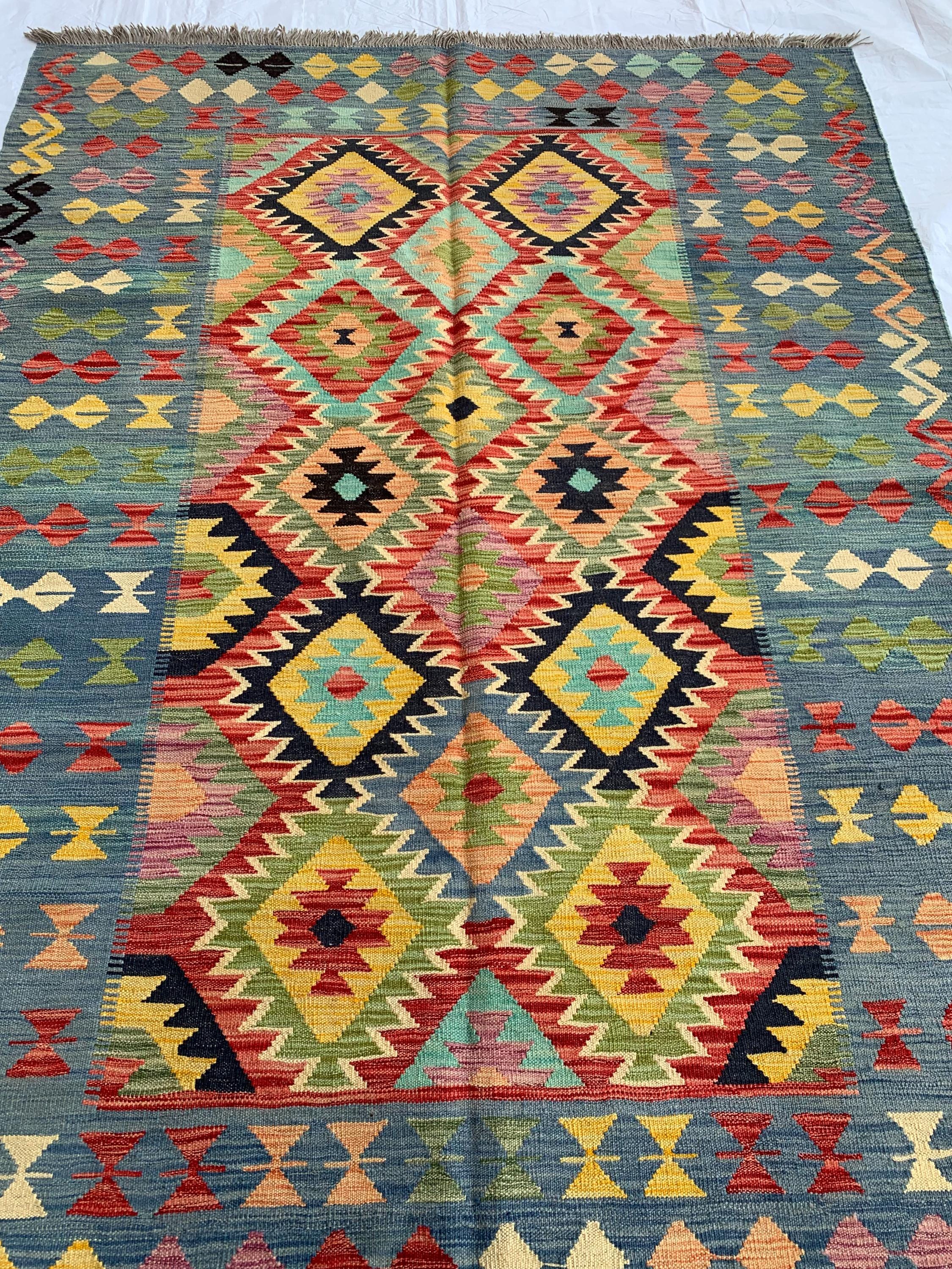 8x6 Handwoven Afghan Vibrant Colors Kilim Rug - Geometric Wool Flatweave Carpet, Perfect for Farmhouse, Kitchen or Bedroom Decor 7.11x5.11