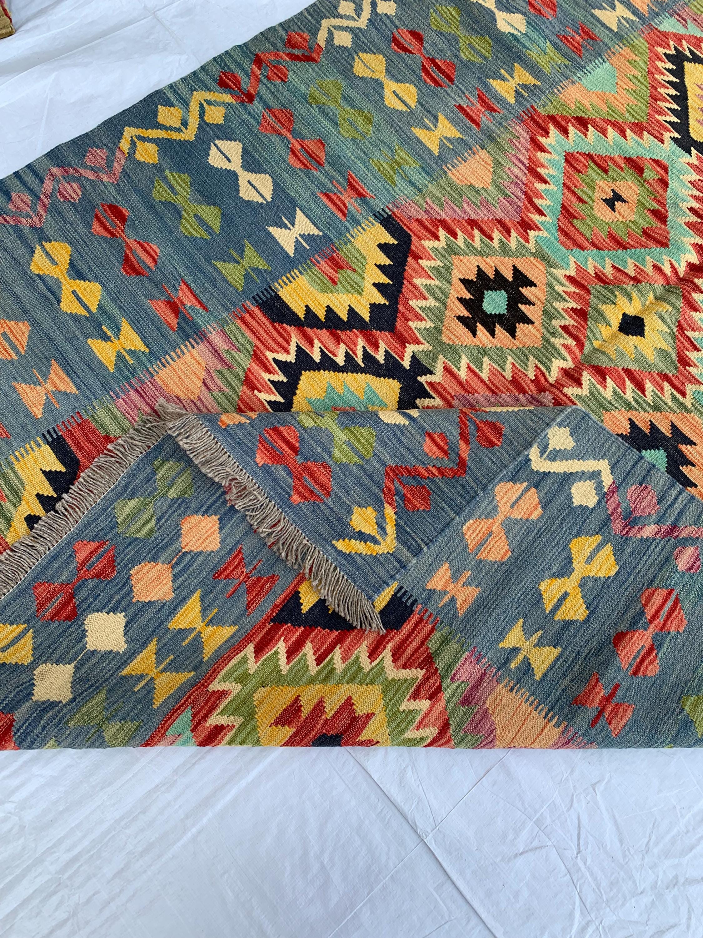 8x6 Handwoven Afghan Vibrant Colors Kilim Rug - Geometric Wool Flatweave Carpet, Perfect for Farmhouse, Kitchen or Bedroom Decor 7.11x5.11