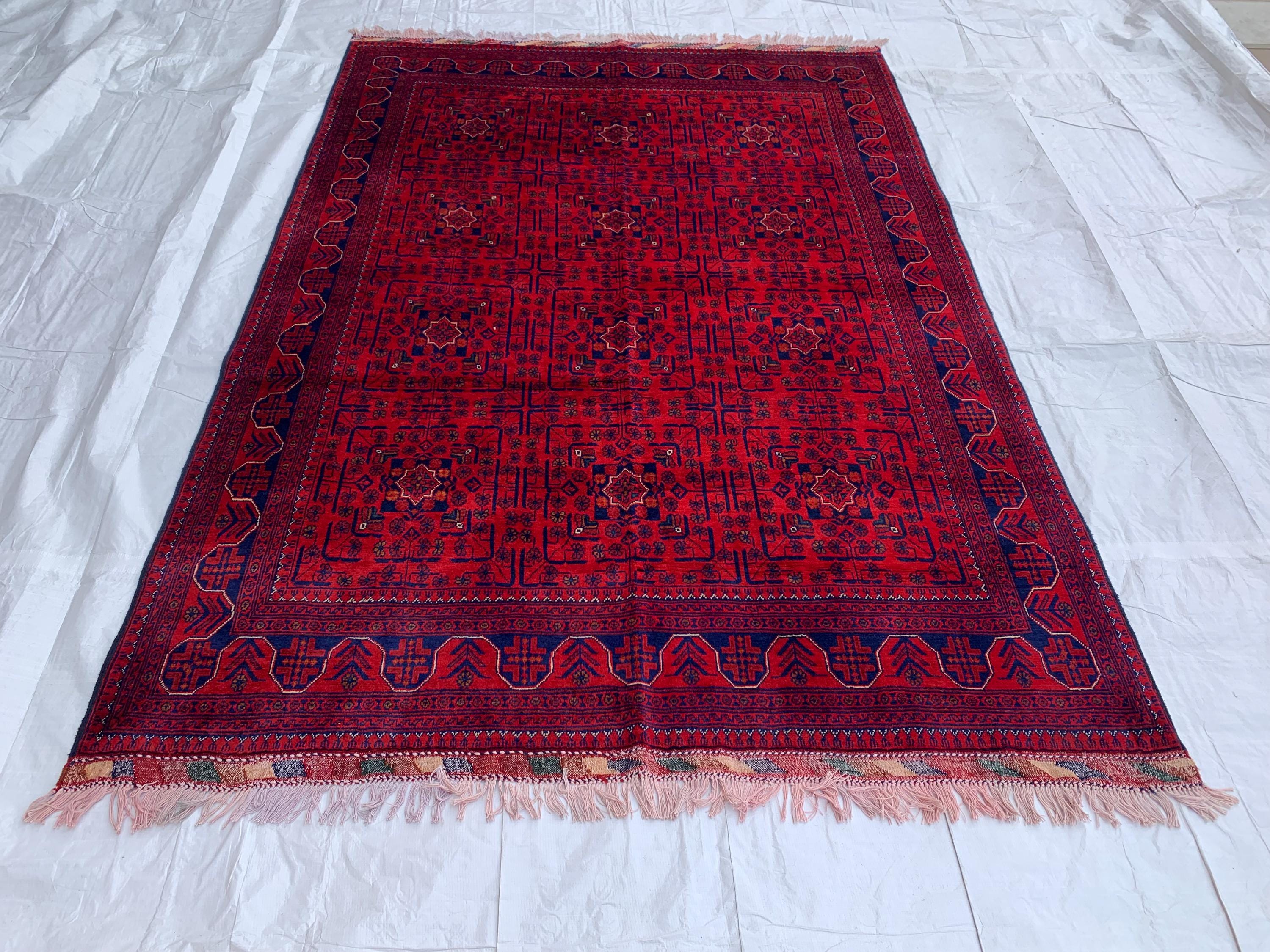8x5 Authentic Afghan Bukhara Rug- Handmade Red Oriental Carpet, Geometric Wool Area Rug, Rugs For Living Room, Dining Room Rug 7.8x5.5 ft