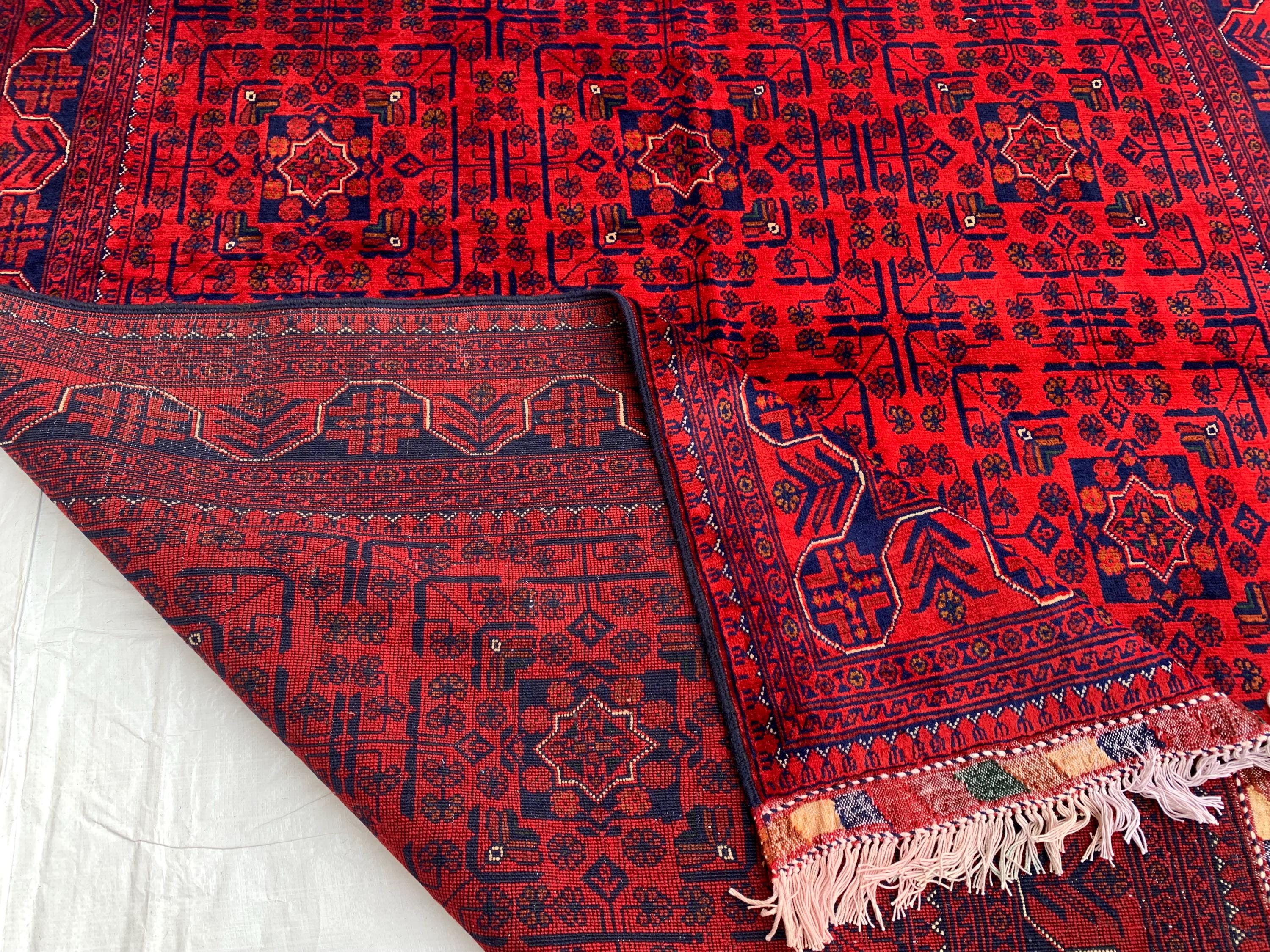 8x5 Authentic Afghan Bukhara Rug- Handmade Red Oriental Carpet, Geometric Wool Area Rug, Rugs For Living Room, Dining Room Rug 7.8x5.5 ft
