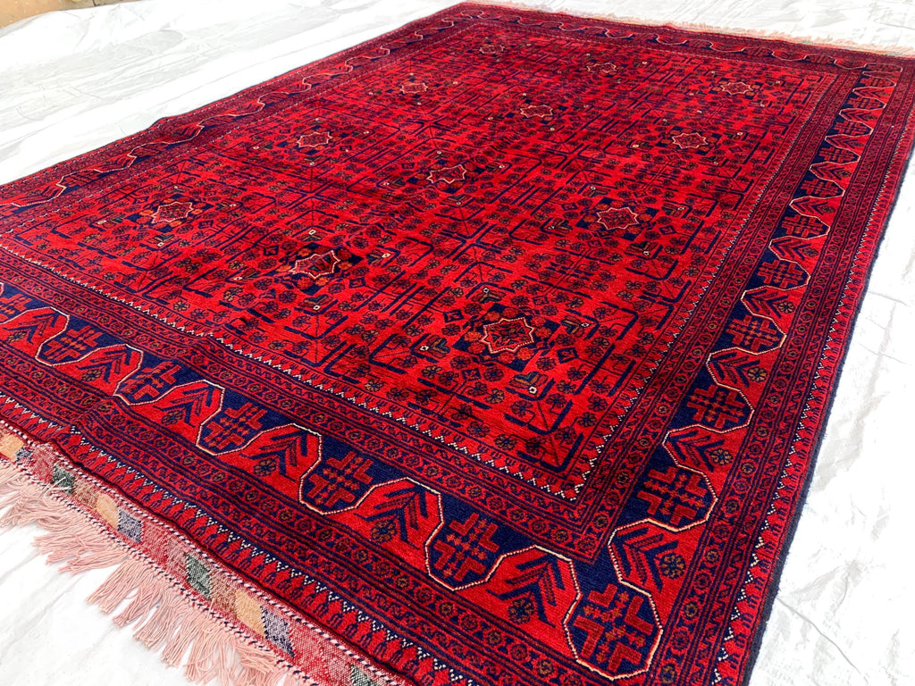8x5 Authentic Afghan Bukhara Rug- Handmade Red Oriental Carpet, Geometric Wool Area Rug, Rugs For Living Room, Dining Room Rug 7.8x5.5 ft