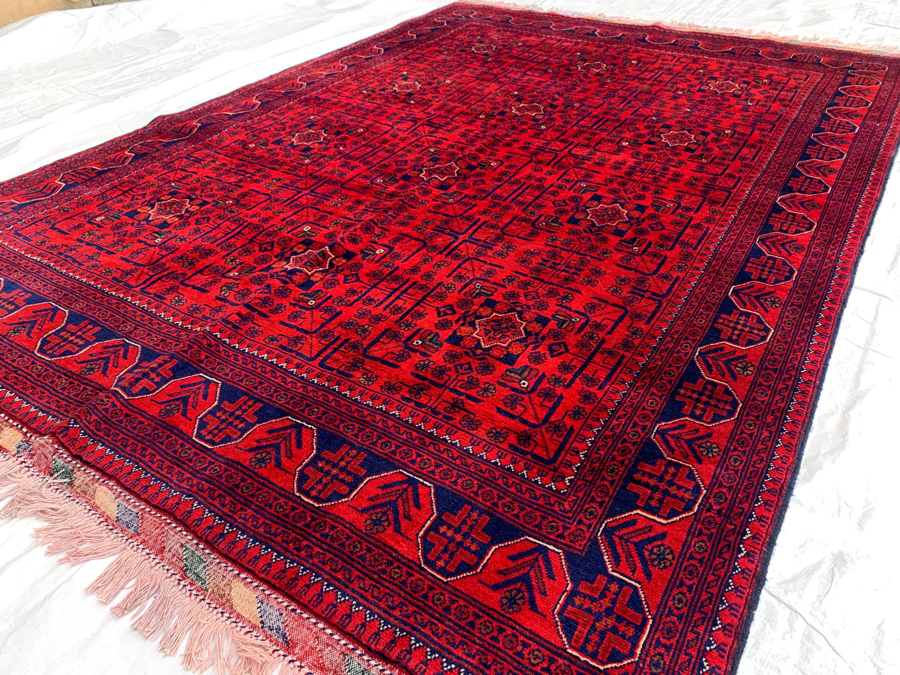 8x5 Authentic Afghan Bukhara Rug- Handmade Red Oriental Carpet, Geometric Wool Area Rug, Rugs For Living Room, Dining Room Rug 7.8x5.5 ft