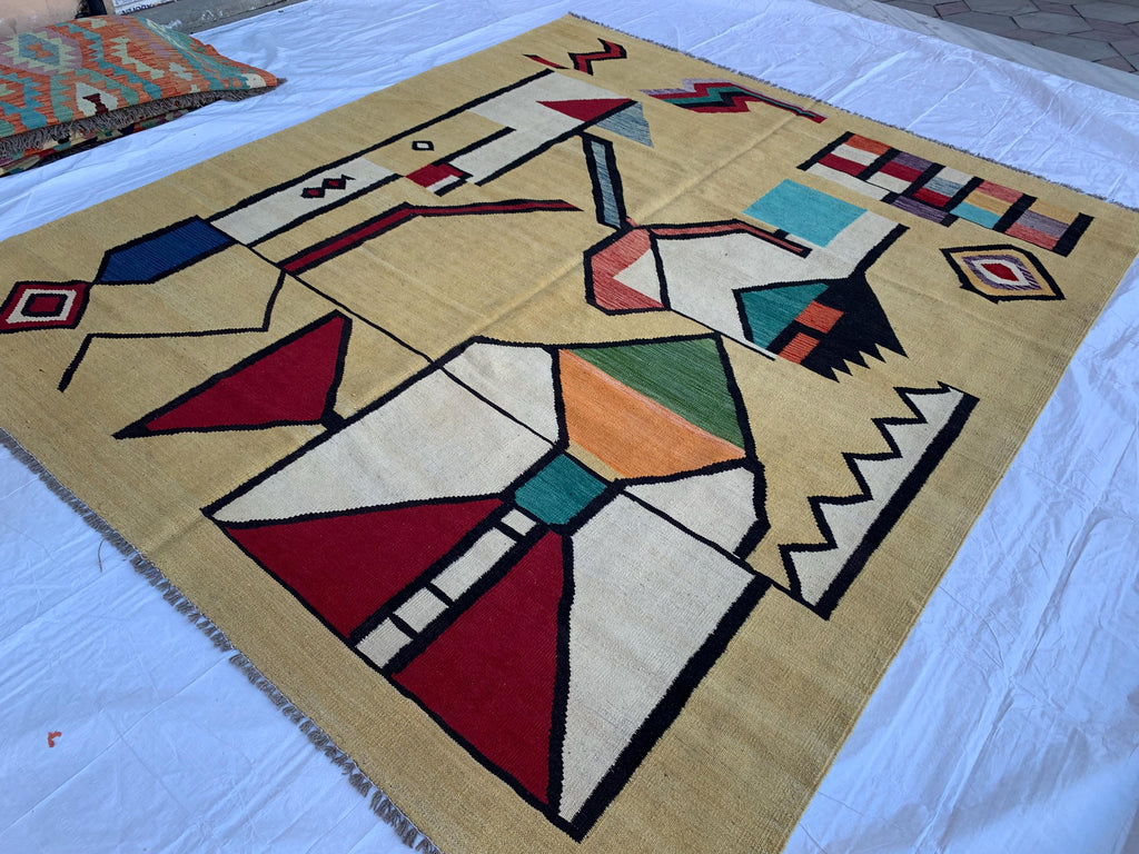 8x10 Handmade Afghan Kilim Rug–Abstract Geometric Tribal Art – Colorful Wool Flatweave, Kids Room Rug, Rug For Living Room 9.6 x 8.2 ft