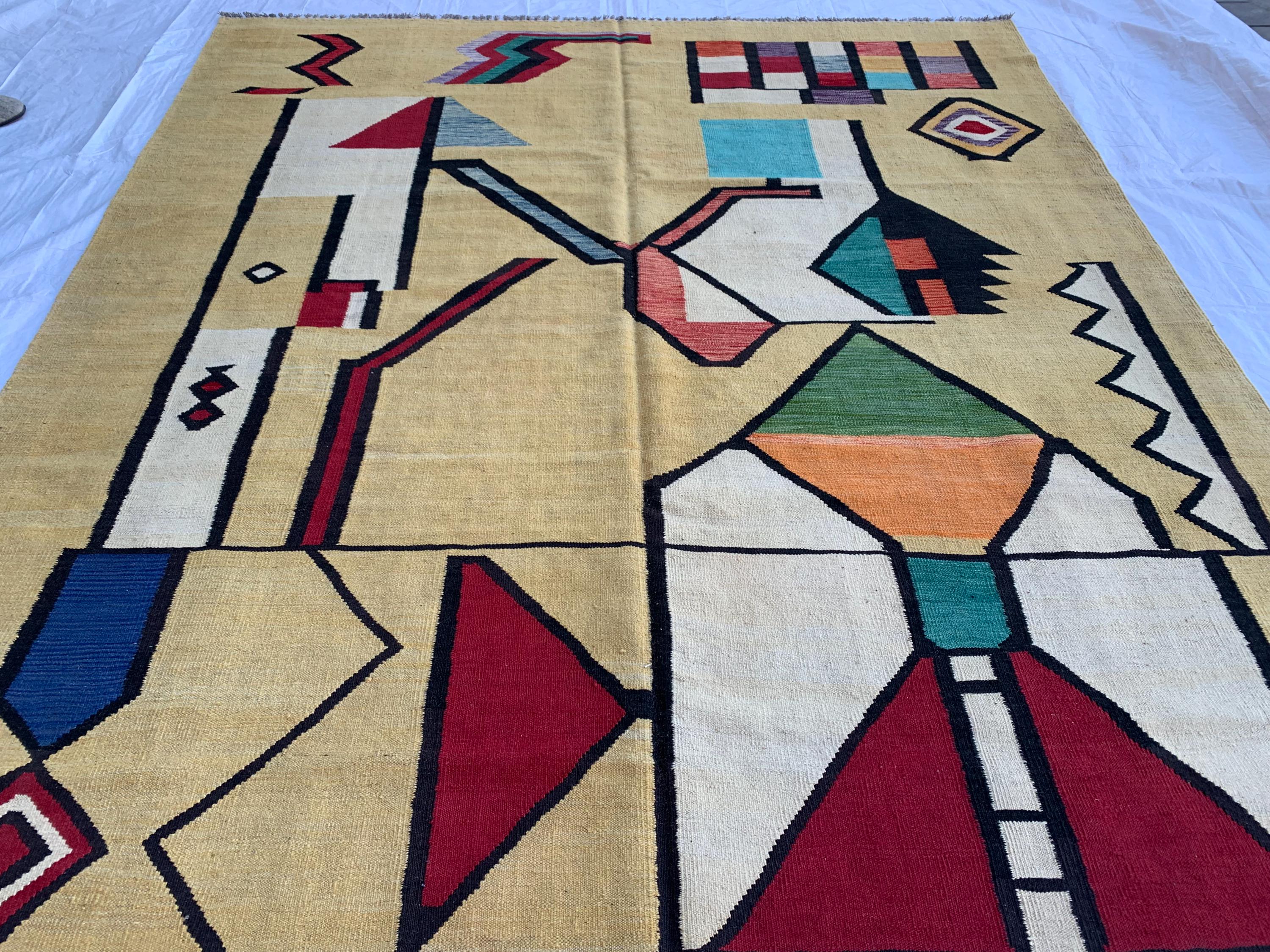 8x10 Handmade Afghan Kilim Rug–Abstract Geometric Tribal Art – Colorful Wool Flatweave, Kids Room Rug, Rug For Living Room 9.6 x 8.2 ft