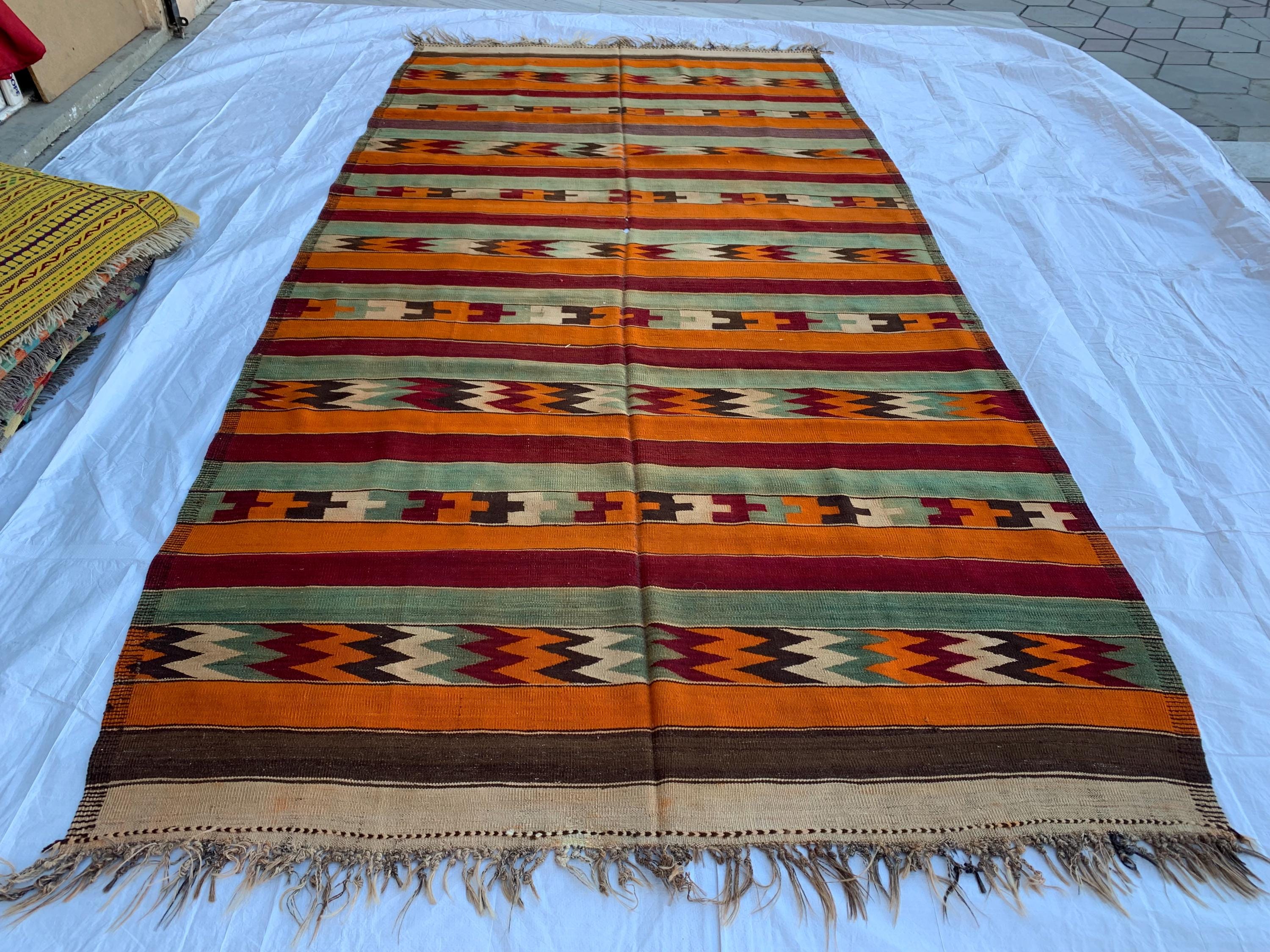 7x13 Vintage Handmade Afghan Kilim Rug – Abstract Geometric Tribal Art – Colorful Wool Flatweave, Collectible Rug 12.10x6.7 ft