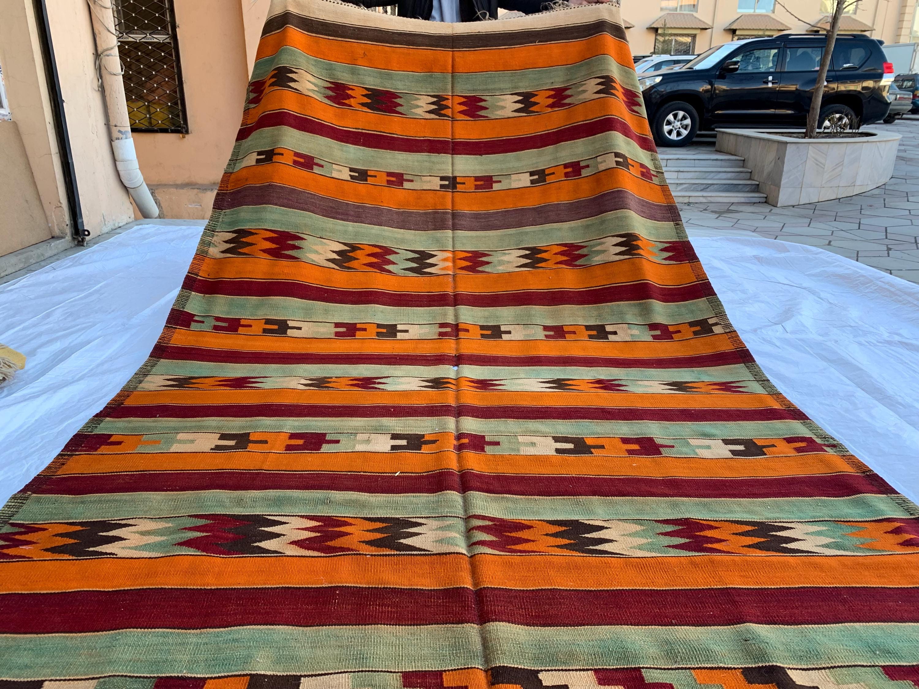 7x13 Vintage Handmade Afghan Kilim Rug – Abstract Geometric Tribal Art – Colorful Wool Flatweave, Collectible Rug 12.10x6.7 ft