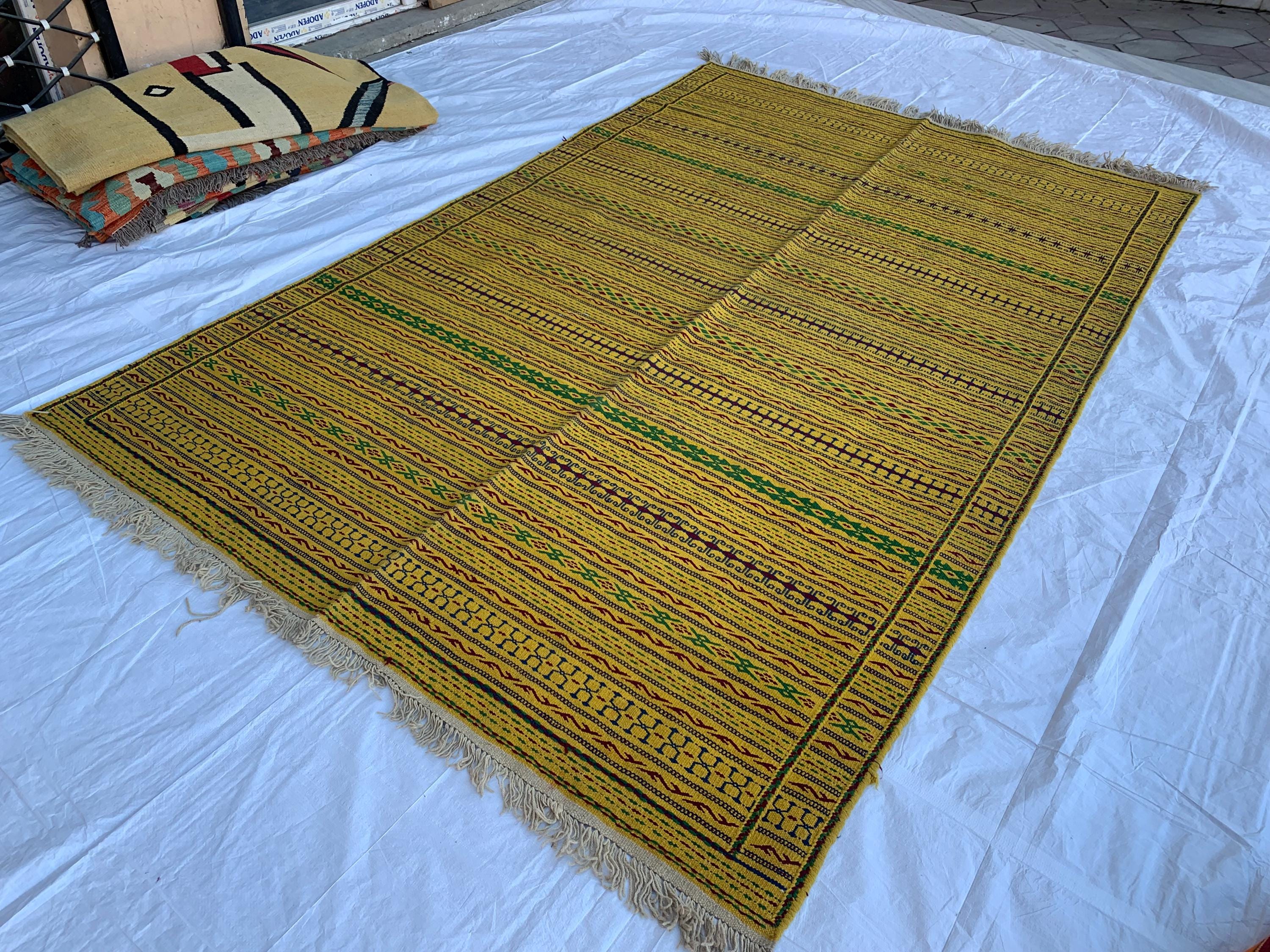 7x10 Handmade Afghan Kilim Rug Striped Nomadic Wool Carpet Yellow Bohemian Flatweave, Perfect For Farmhouse, Countryside Home 10.2x6.5