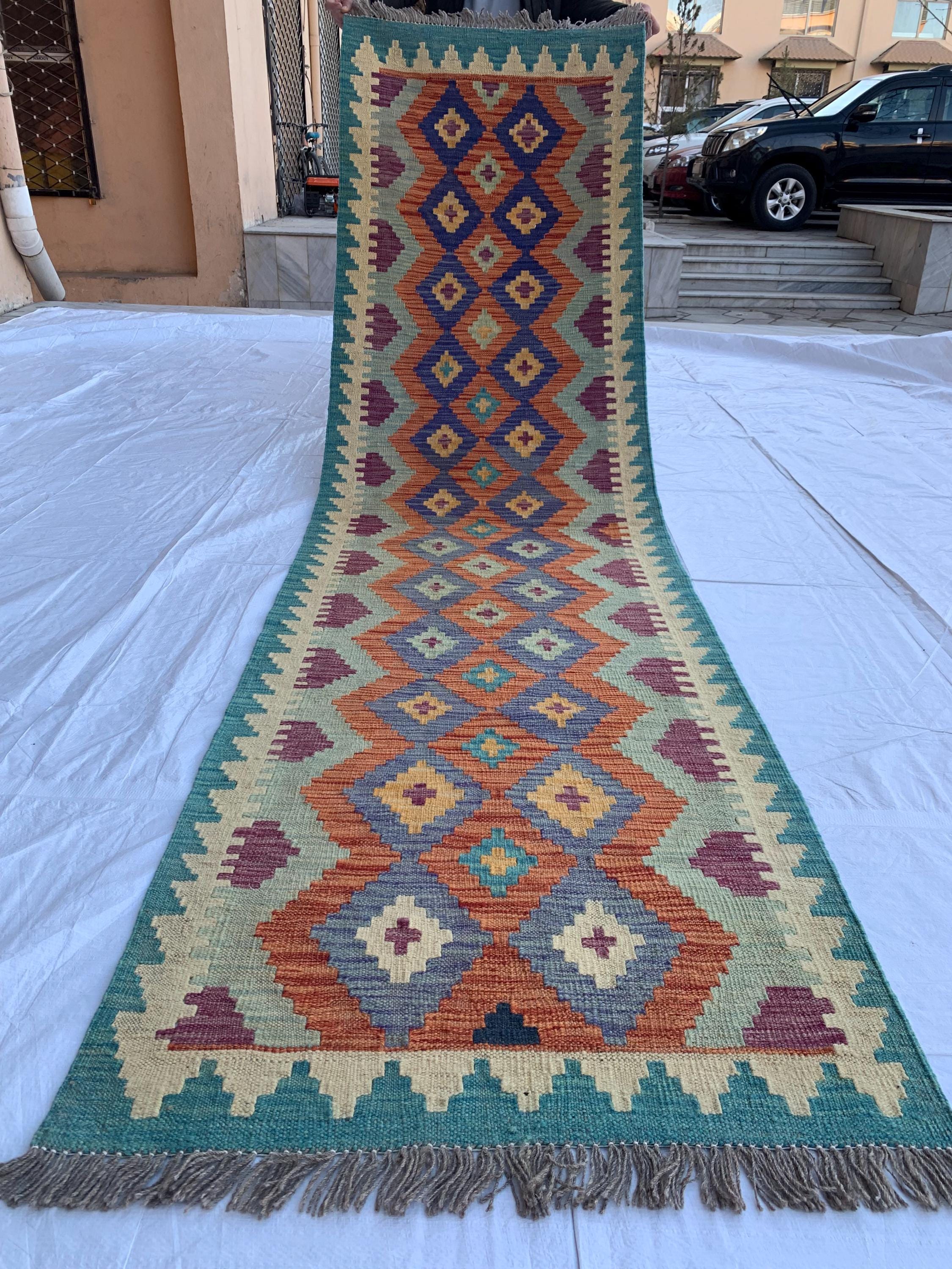 Handwoven Afghan Chobi Kilim Runner - 9.7x2.7 ft - Multicolor Wool Rug with Geometric Tribal Design, Perfect for Hallway or Entryway Decor