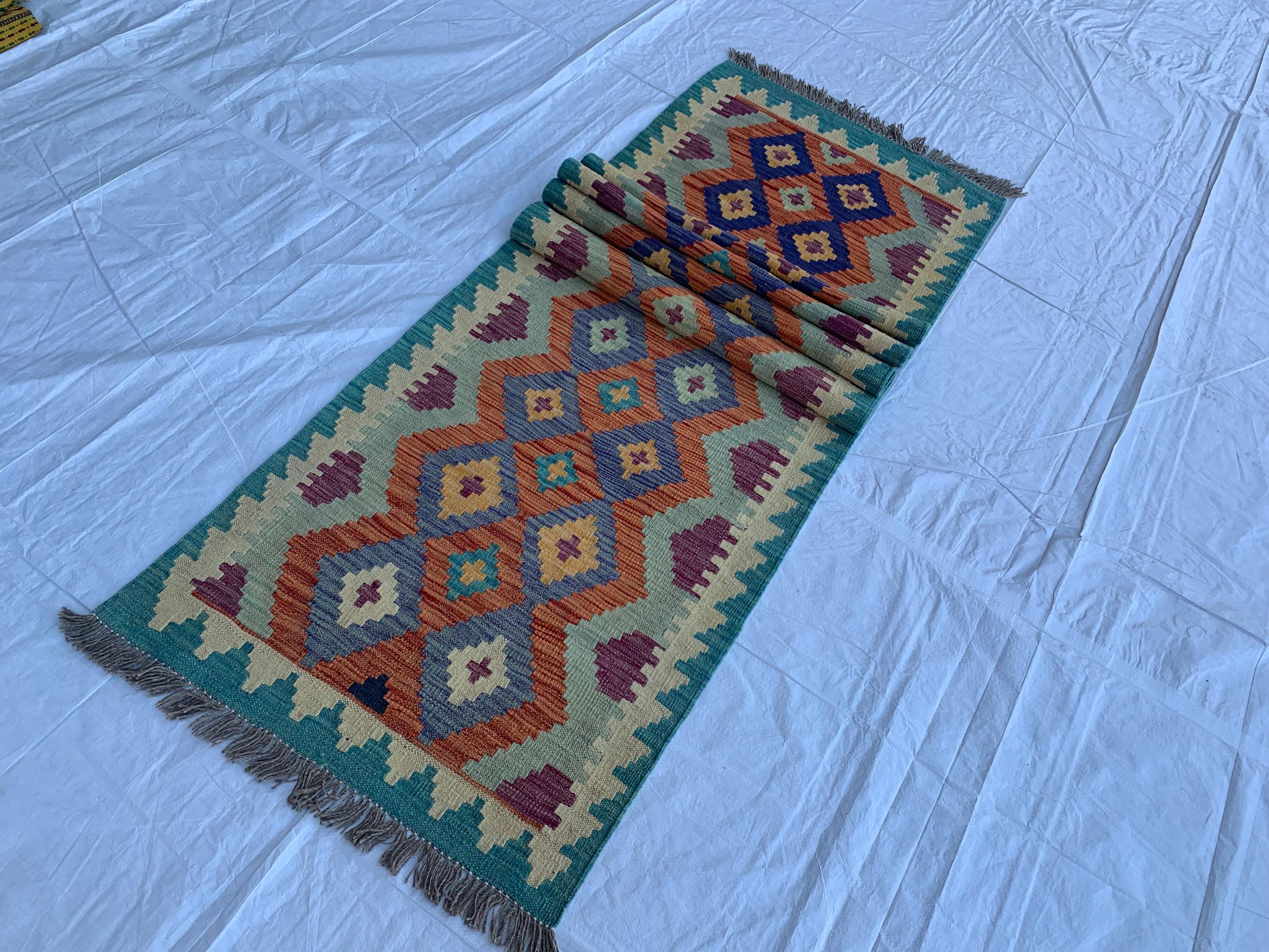 Handwoven Afghan Chobi Kilim Runner - 9.7x2.7 ft - Multicolor Wool Rug with Geometric Tribal Design, Perfect for Hallway or Entryway Decor