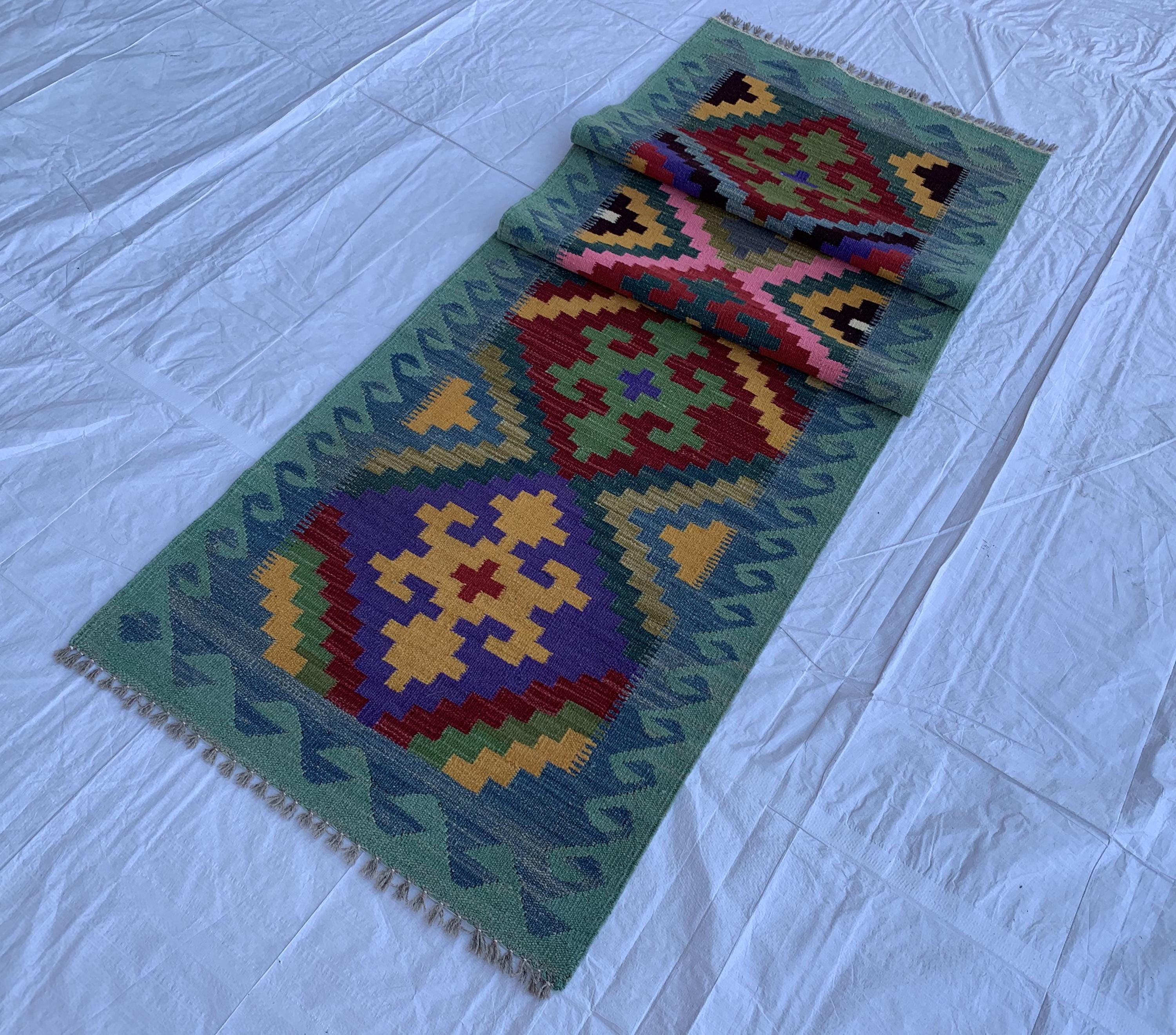3x10 Handwoven Afghan Rich Green Chobi Kilim Runner- colorful Wool Rug with Geometric Tribal Design, Perfect for Hallway or Entryway Decor