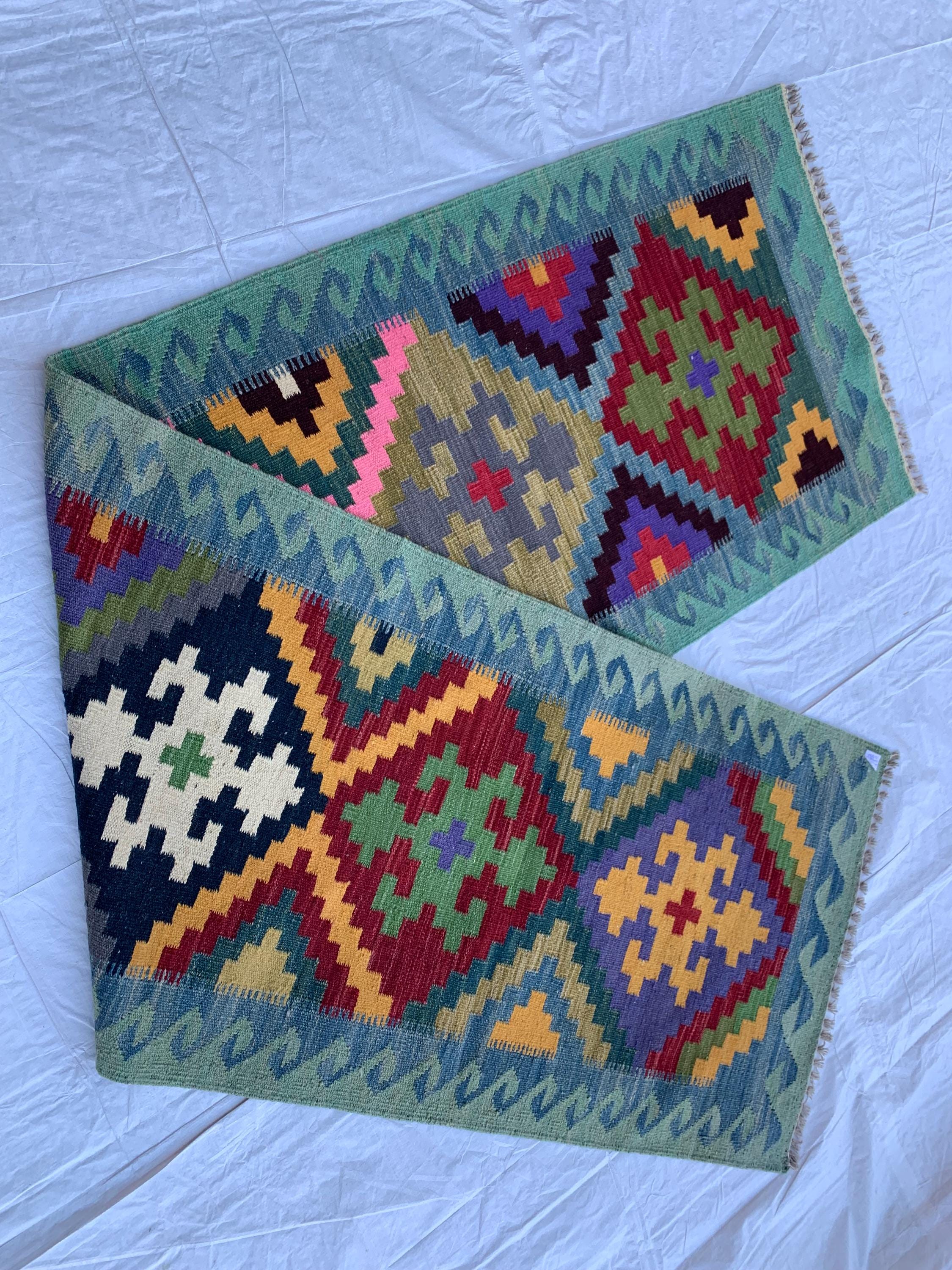 3x10 Handwoven Afghan Rich Green Chobi Kilim Runner- colorful Wool Rug with Geometric Tribal Design, Perfect for Hallway or Entryway Decor