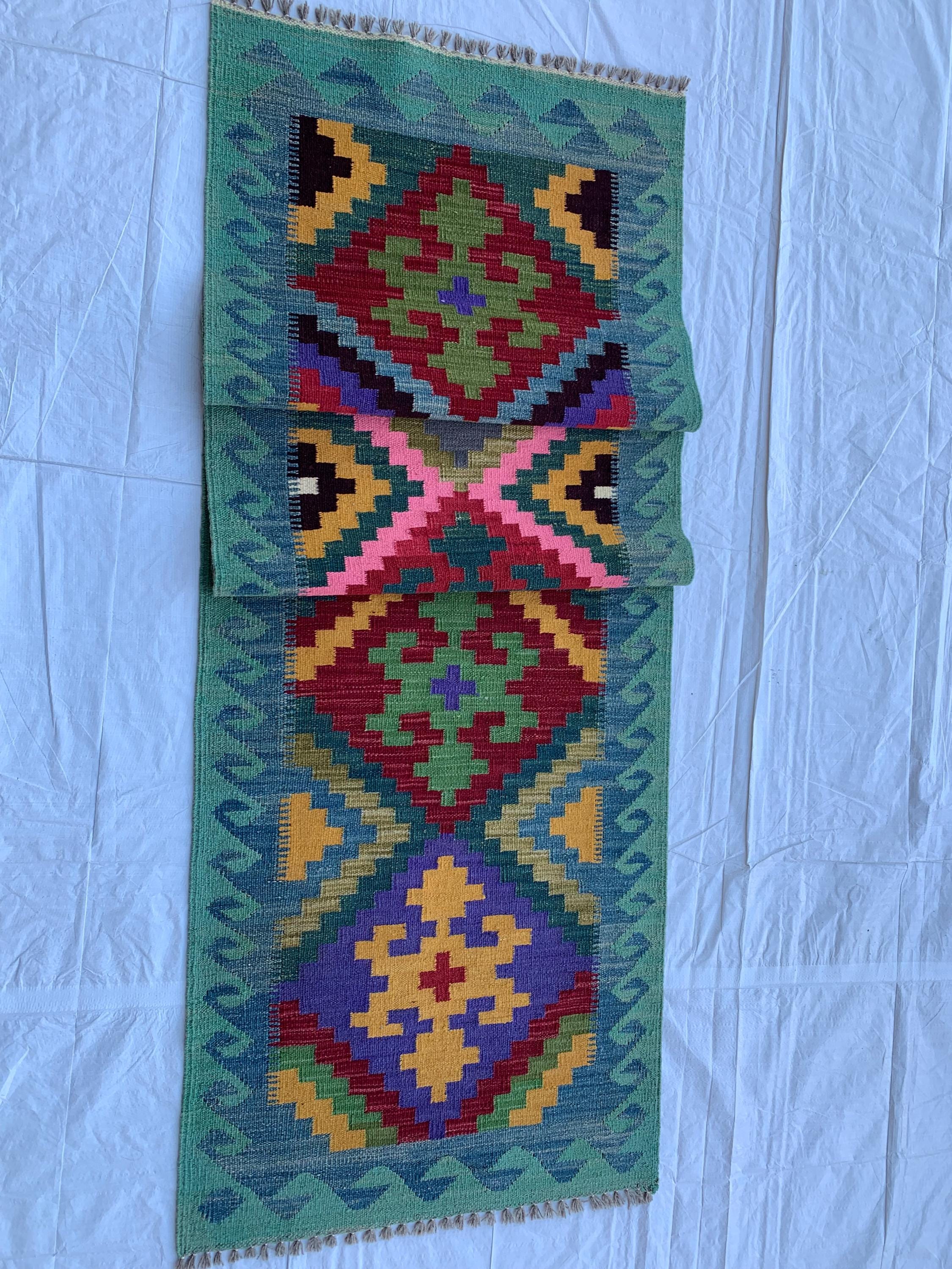 3x10 Handwoven Afghan Rich Green Chobi Kilim Runner- colorful Wool Rug with Geometric Tribal Design, Perfect for Hallway or Entryway Decor