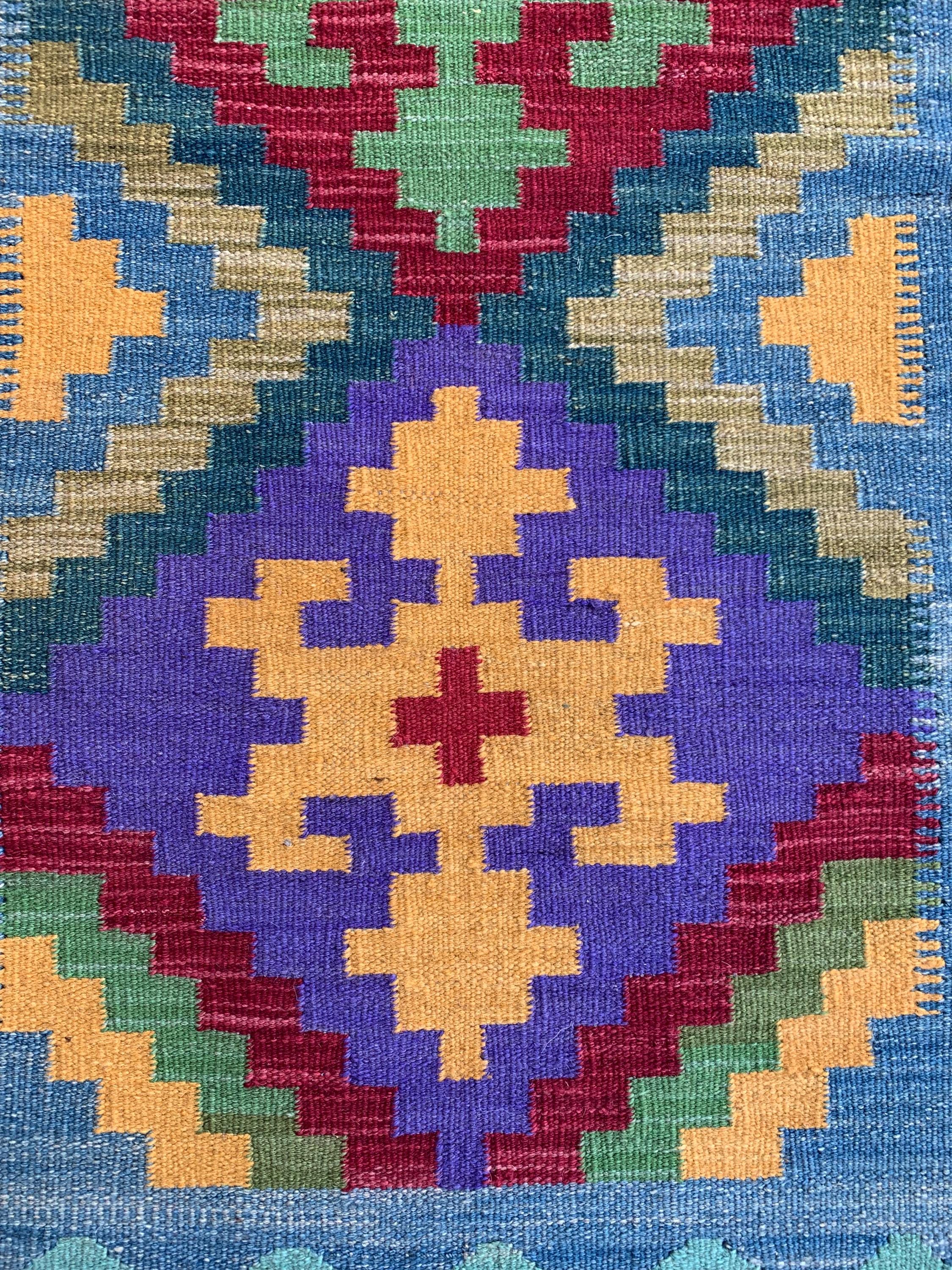 3x10 Handwoven Afghan Rich Green Chobi Kilim Runner- colorful Wool Rug with Geometric Tribal Design, Perfect for Hallway or Entryway Decor