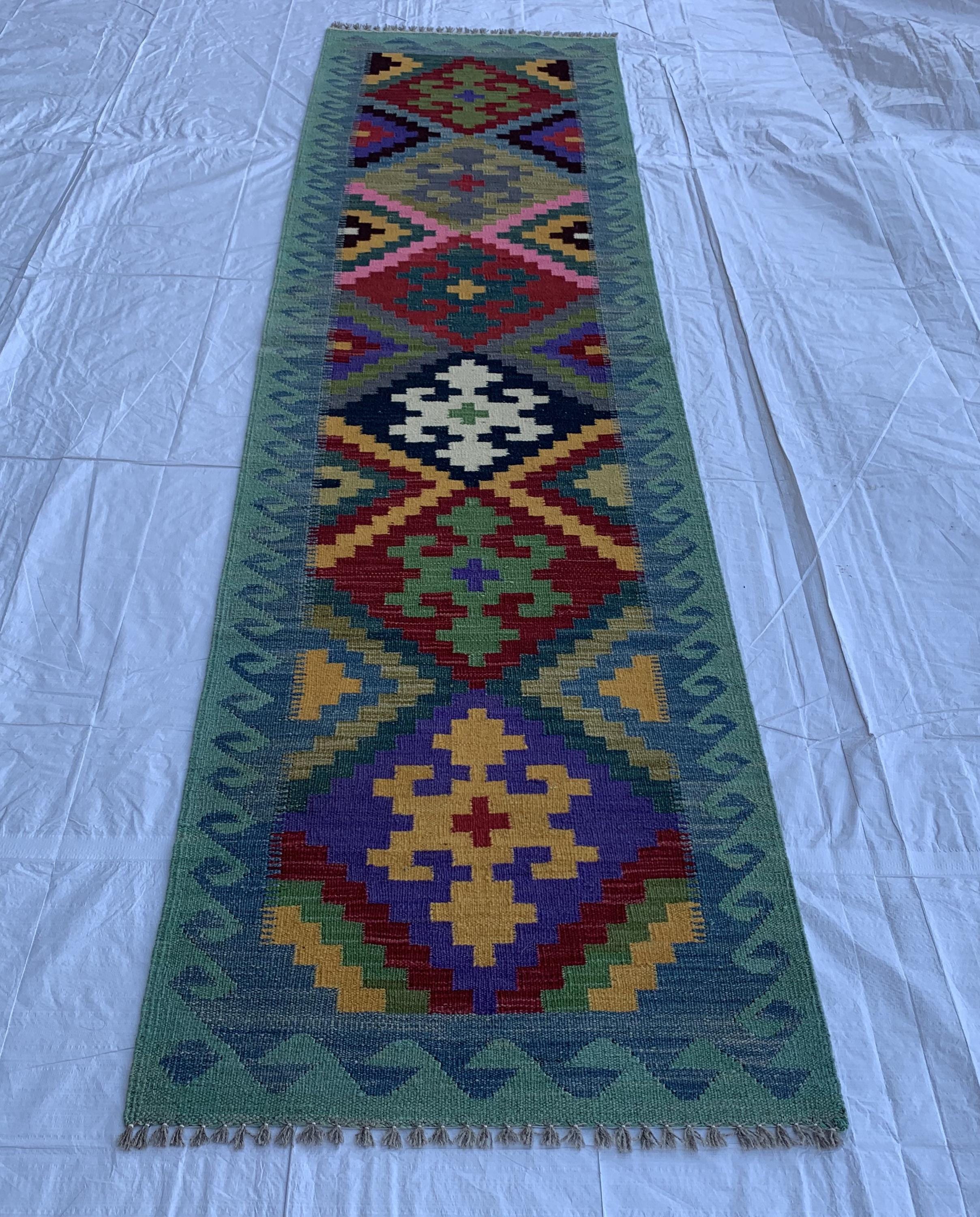 3x10 Handwoven Afghan Rich Green Chobi Kilim Runner- colorful Wool Rug with Geometric Tribal Design, Perfect for Hallway or Entryway Decor