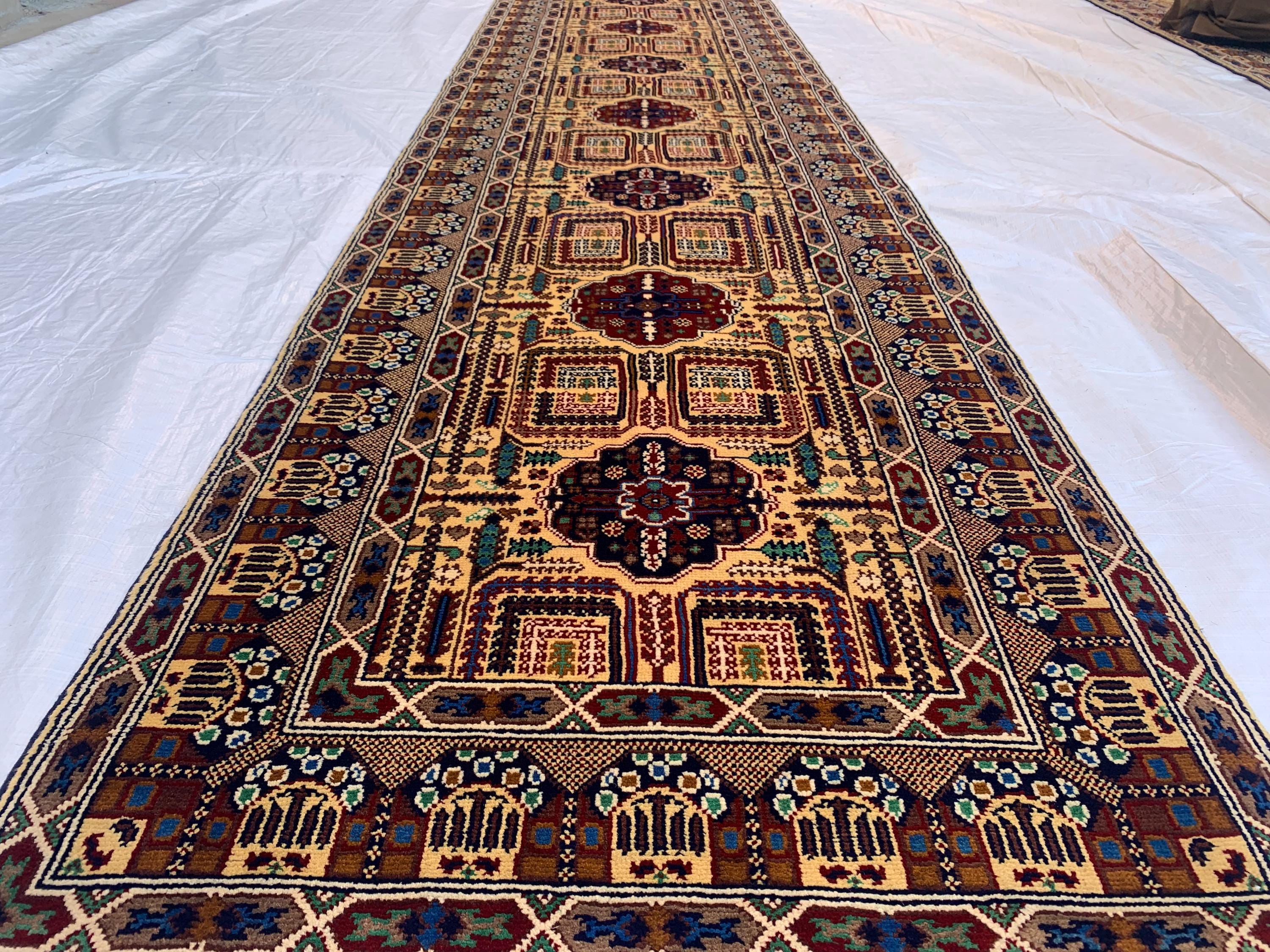 3x13 Handmade Afghan Gandum Naksha Runner Tribal Wool Rug, Traditional Geometric Hallway Carpet, Nomadic Bohemian Long Rug 13x2.8 ft
