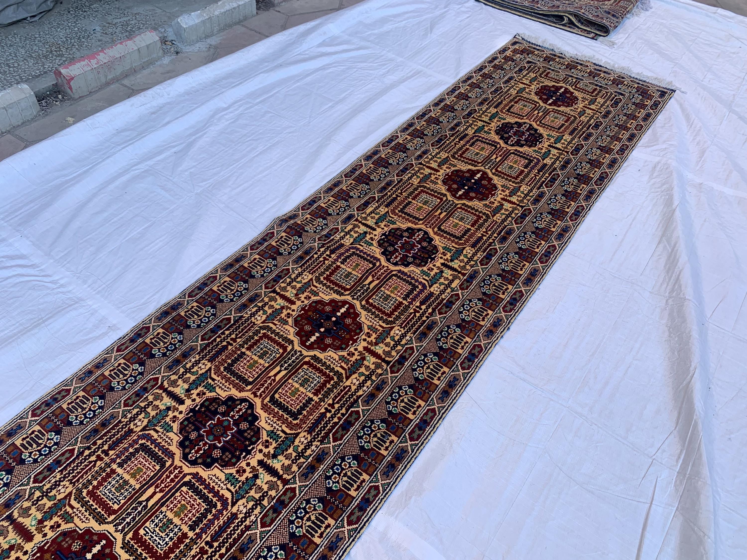 3x13 Handmade Afghan Gandum Naksha Runner Tribal Wool Rug, Traditional Geometric Hallway Carpet, Nomadic Bohemian Long Rug 13x2.8 ft