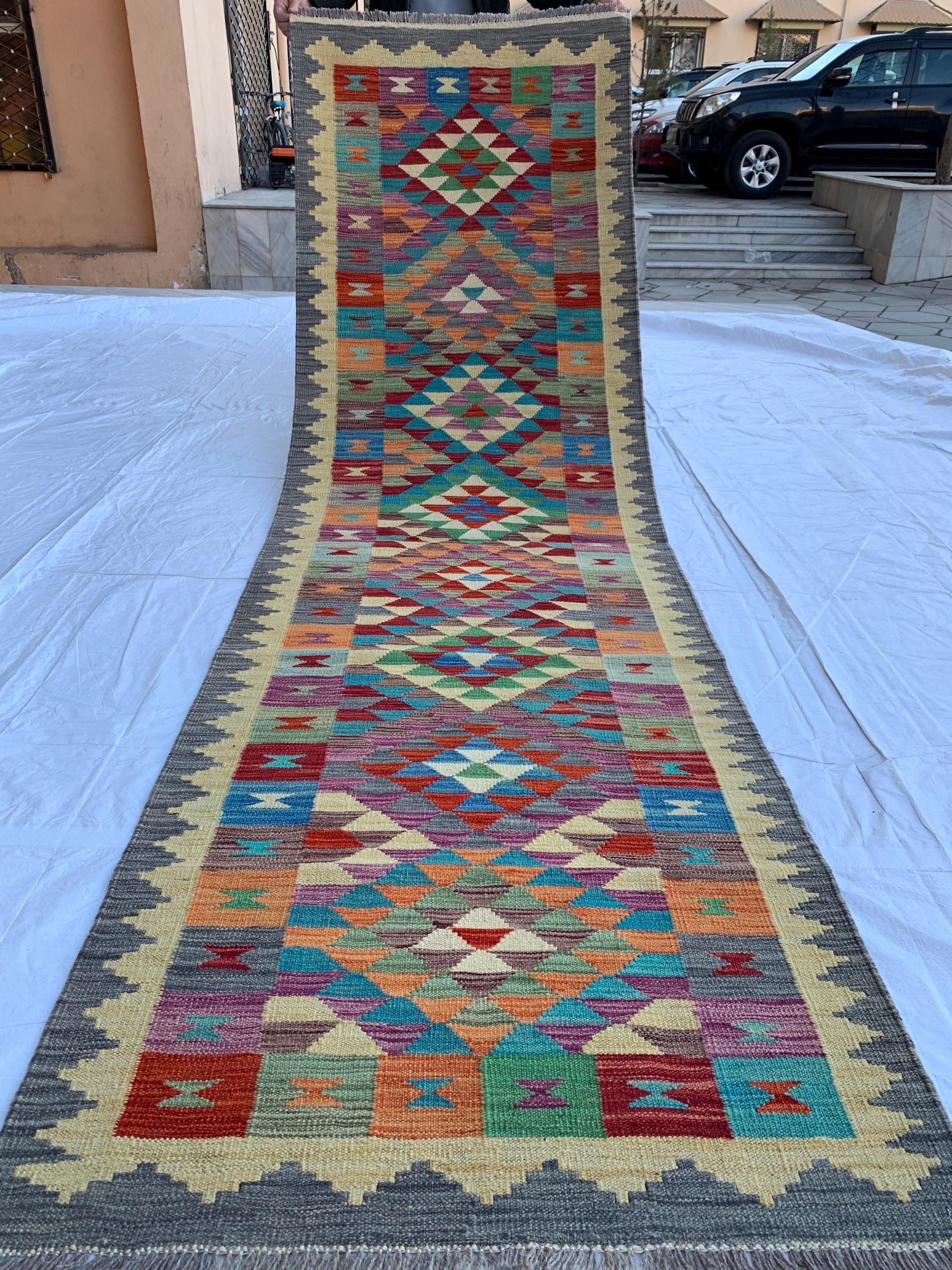 3x10 Handwoven Afghan Chobi Kilim Runner Multicolor Wool Rug with Geometric Tribal Design, Perfect for Hallway or Entryway Decor 9.8x2.9 ft