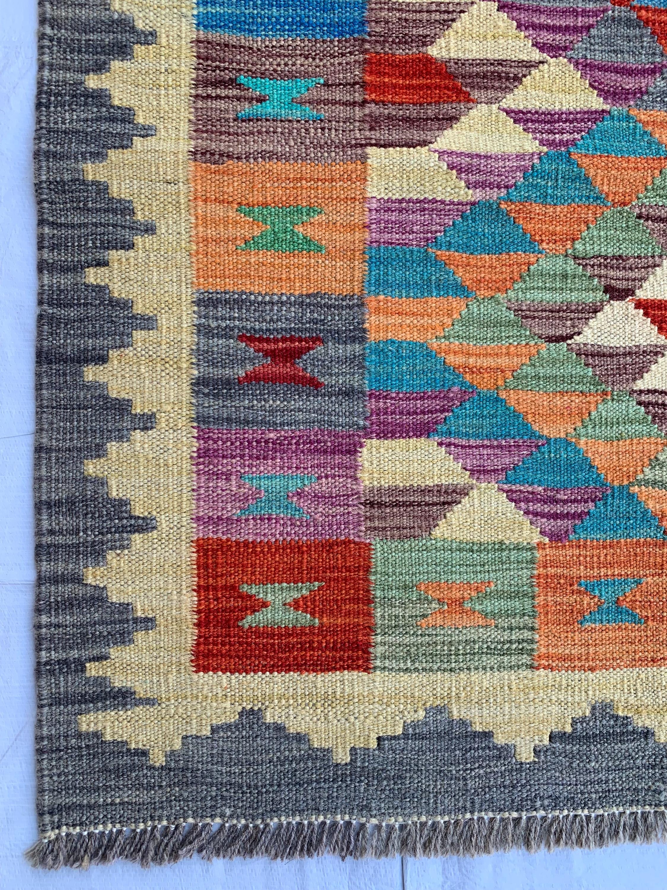 3x10 Handwoven Afghan Chobi Kilim Runner Multicolor Wool Rug with Geometric Tribal Design, Perfect for Hallway or Entryway Decor 9.8x2.9 ft