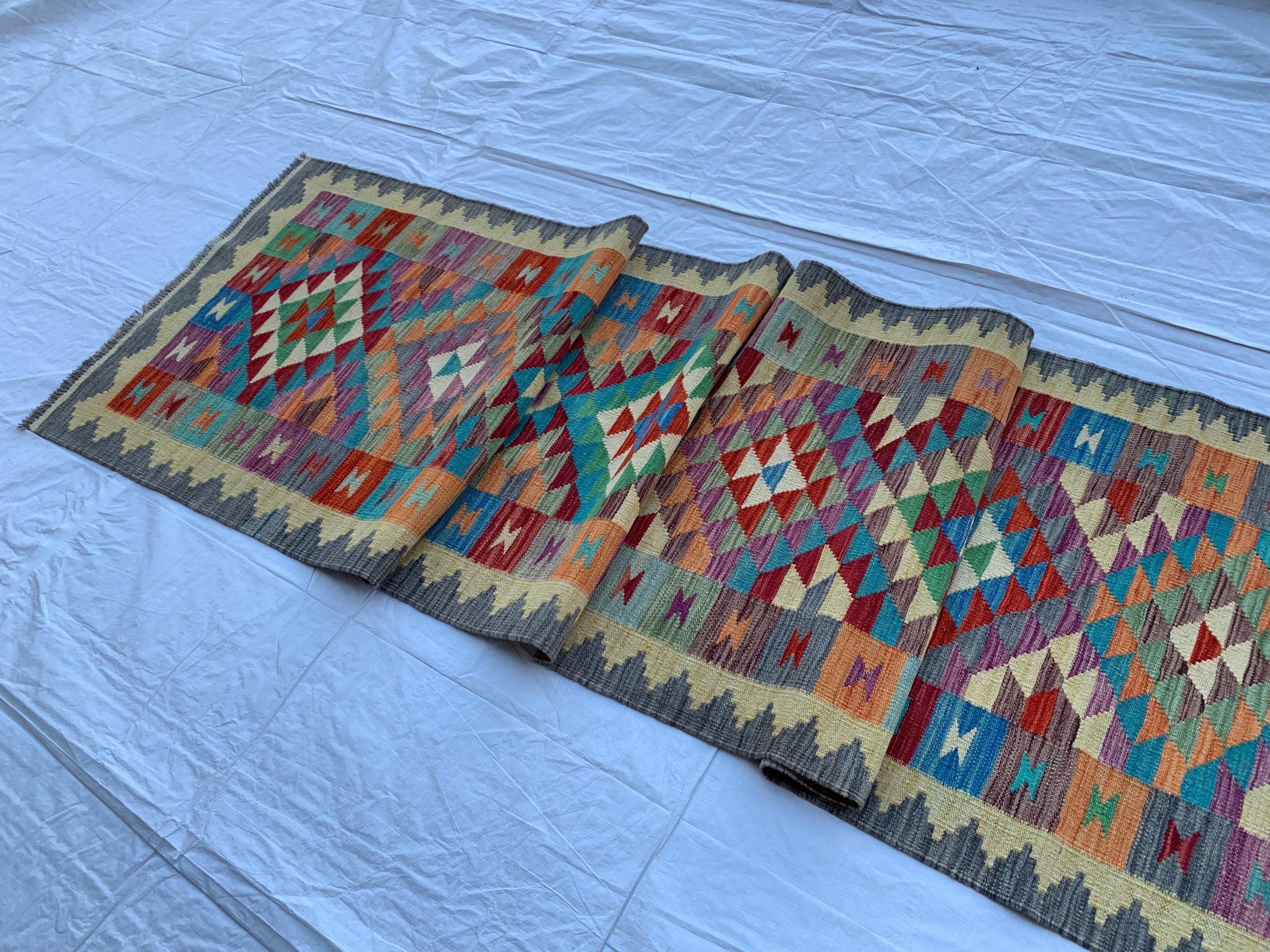 3x10 Handwoven Afghan Chobi Kilim Runner Multicolor Wool Rug with Geometric Tribal Design, Perfect for Hallway or Entryway Decor 9.8x2.9 ft