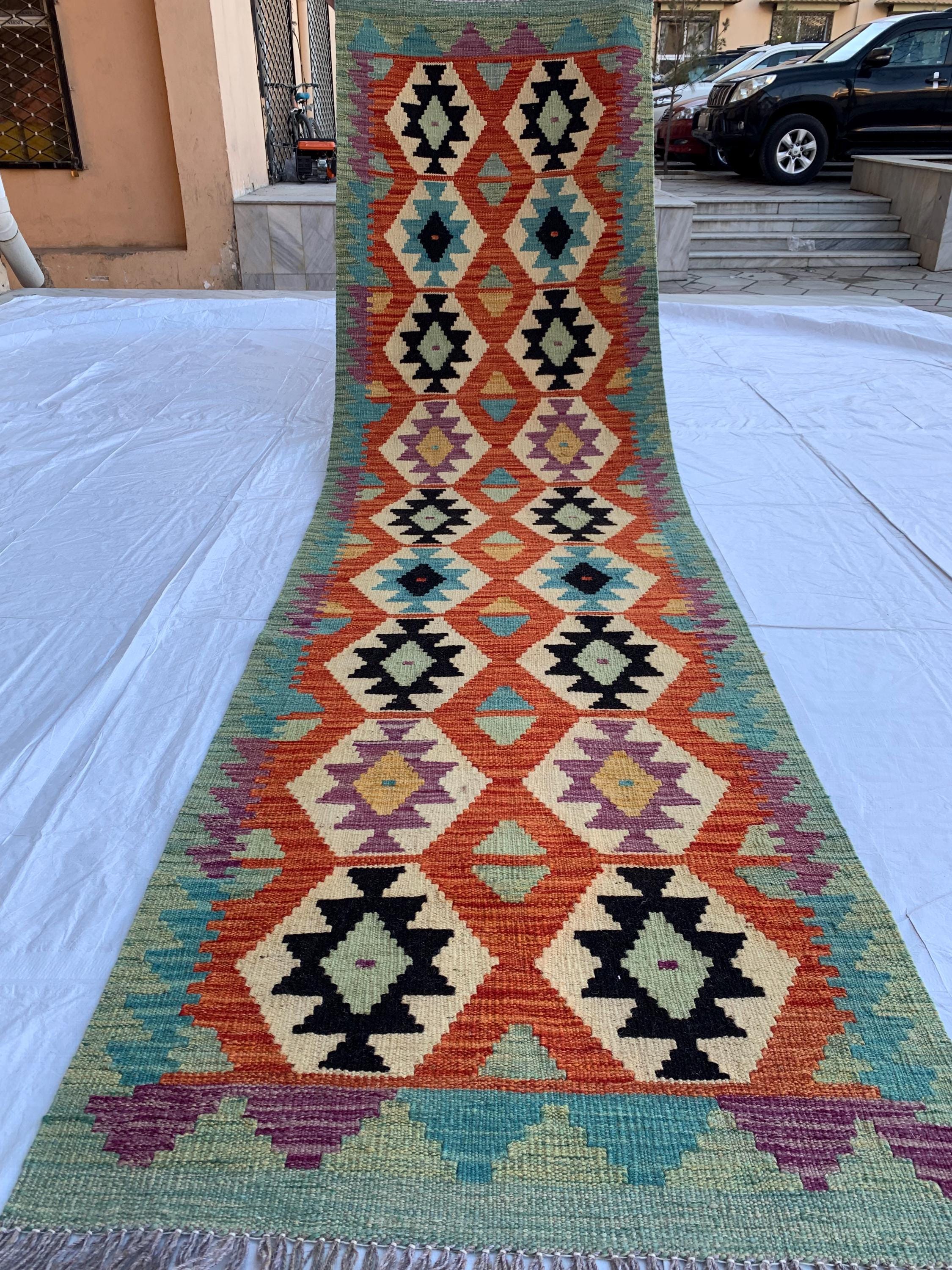 3x10 Handwoven Afghan Chobi Kilim Runner Multicolor Wool Rug with Geometric Tribal Design, Perfect for Hallway or Entryway Decor 10x2.8 ft