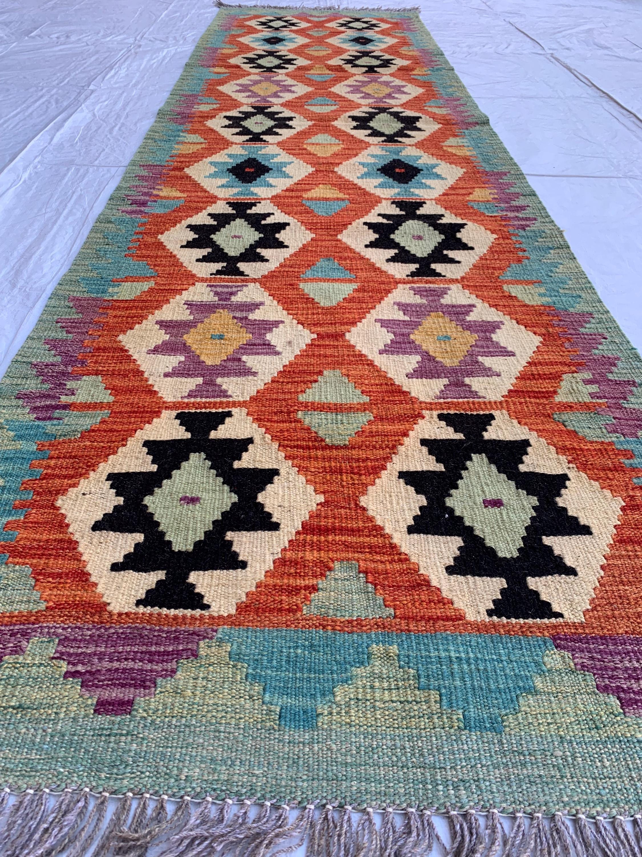 3x10 Handwoven Afghan Chobi Kilim Runner Multicolor Wool Rug with Geometric Tribal Design, Perfect for Hallway or Entryway Decor 10x2.8 ft