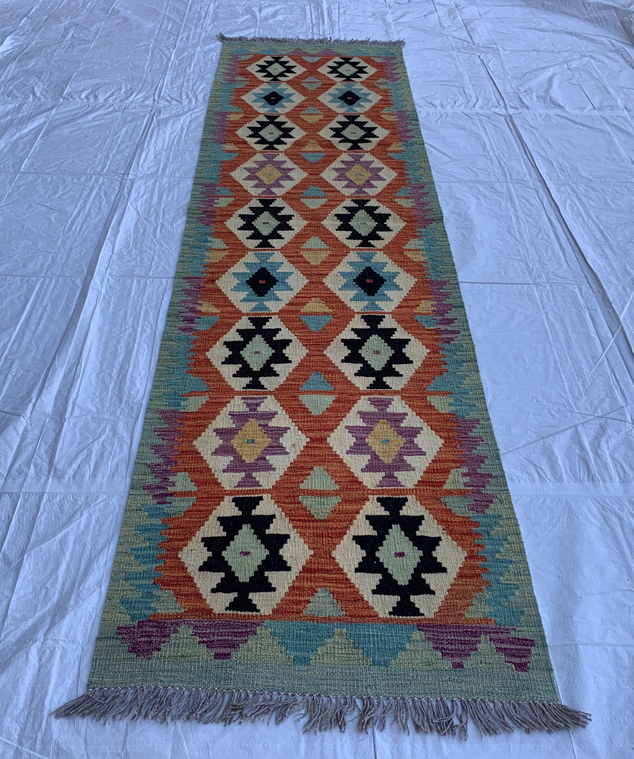 3x10 Handwoven Afghan Chobi Kilim Runner Multicolor Wool Rug with Geometric Tribal Design, Perfect for Hallway or Entryway Decor 10x2.8 ft