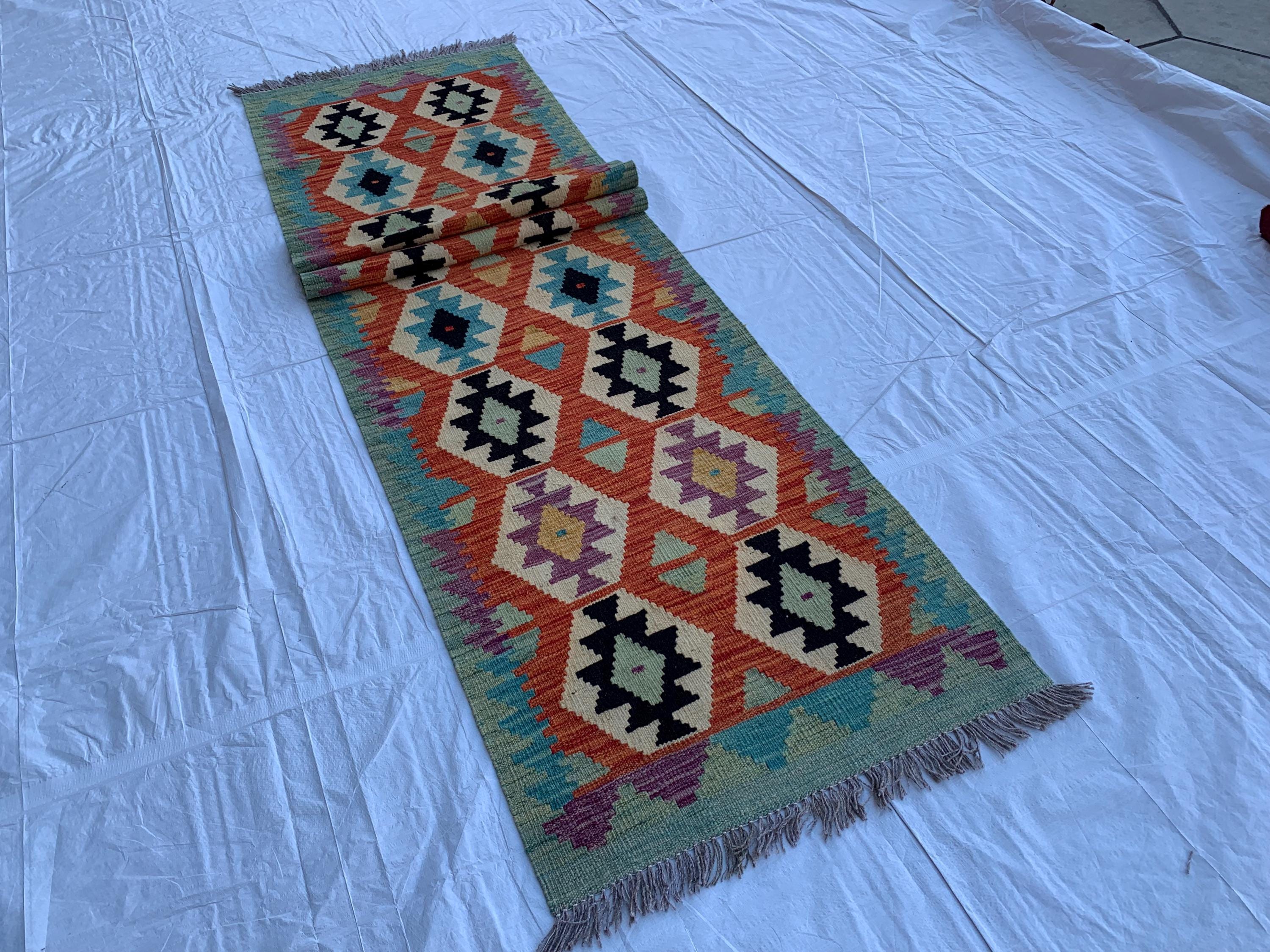 3x10 Handwoven Afghan Chobi Kilim Runner Multicolor Wool Rug with Geometric Tribal Design, Perfect for Hallway or Entryway Decor 10x2.8 ft